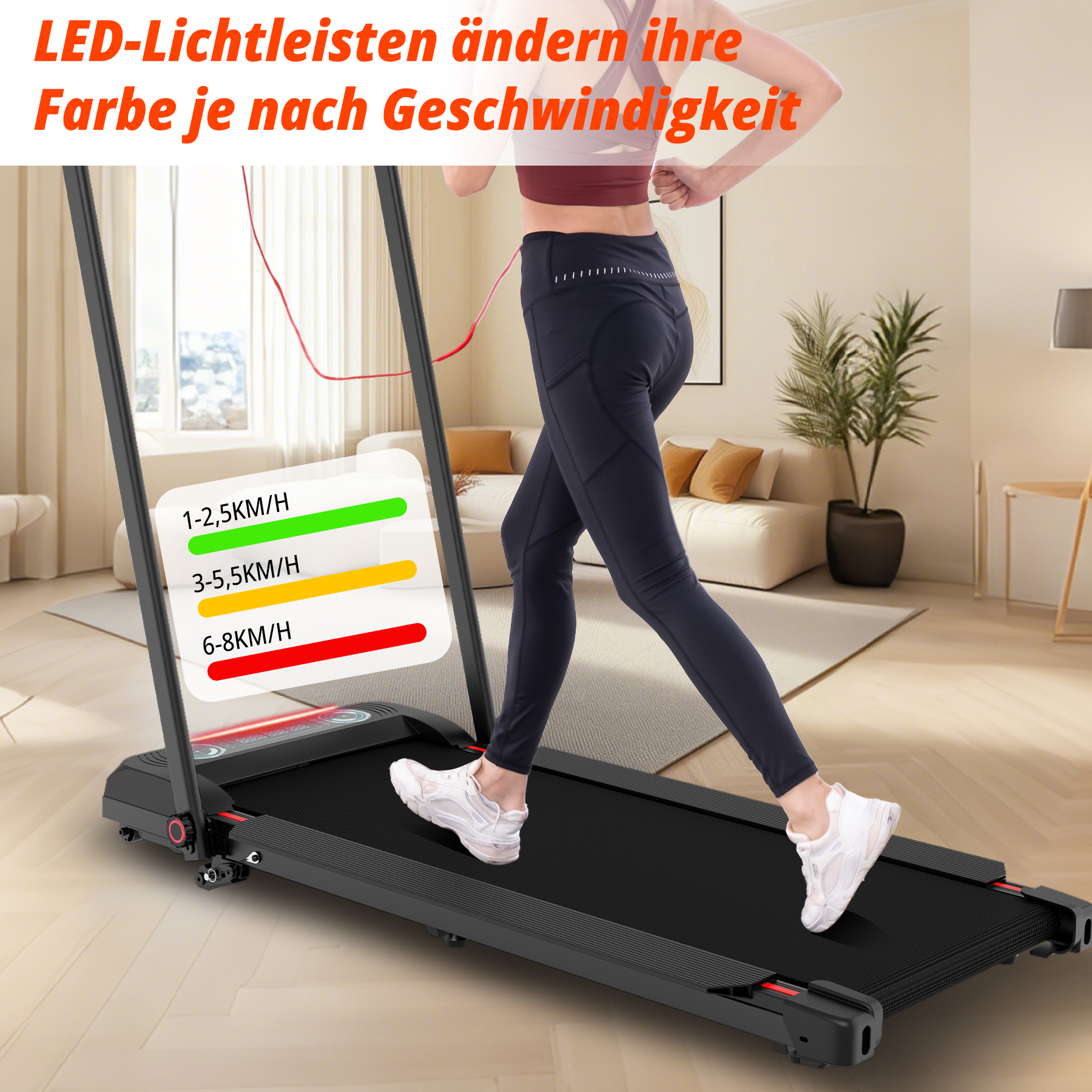 Eine Person läuft auf einem Laufband, dessen LED-Leisten sich je nach Geschwindigkeit ändern.
