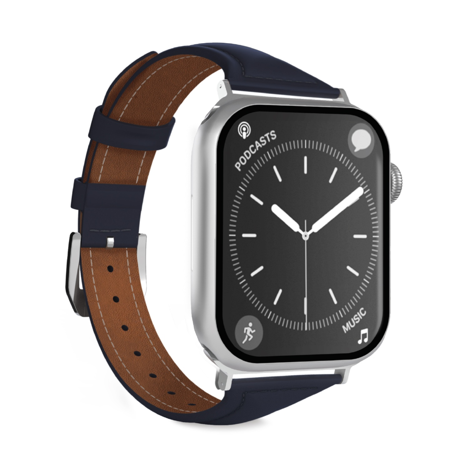 Reloj inteligente plateado con correa de cuero azul oscuro e interior marrón. La pantalla muestra iconos de hora, podcasts, actividad y música.