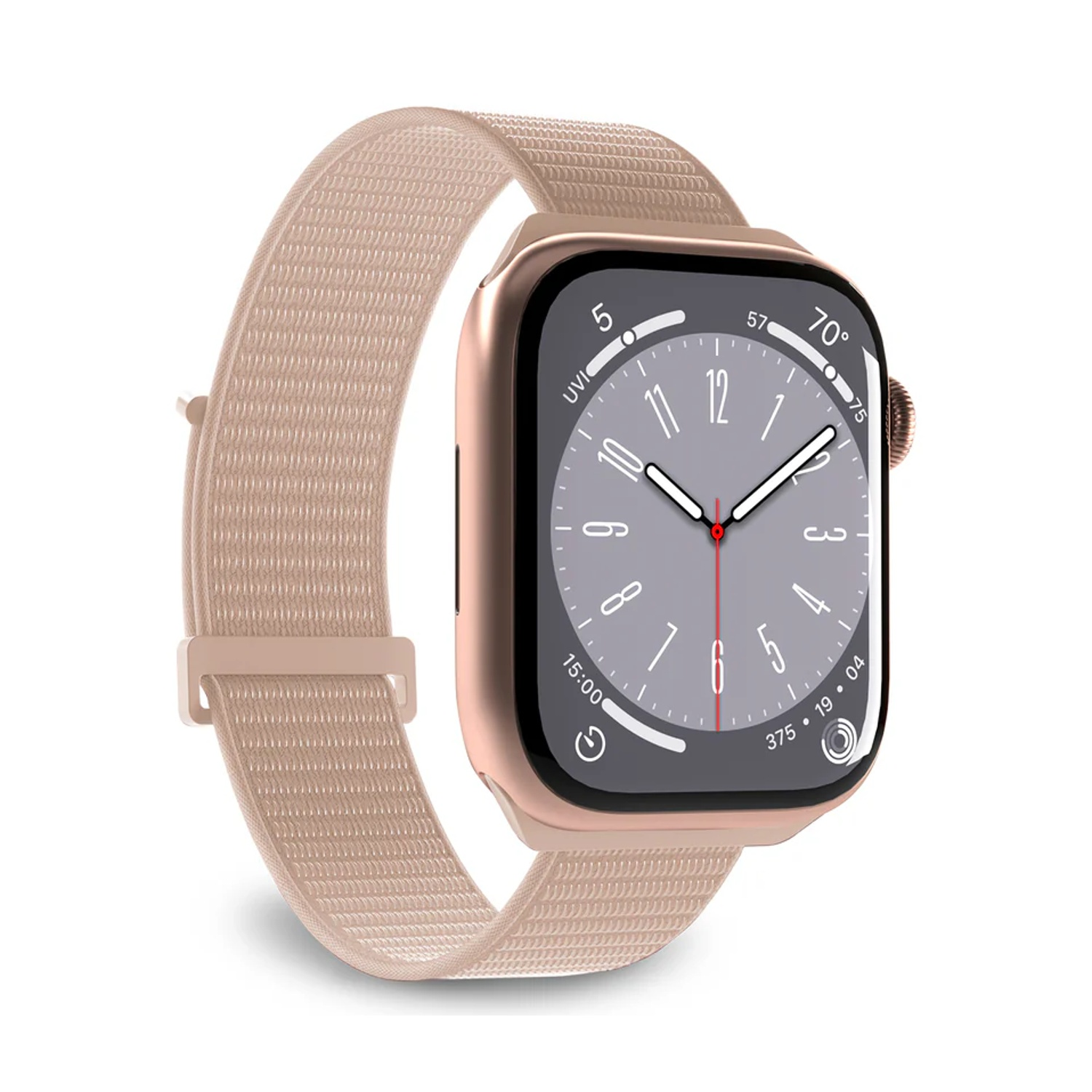 Un Apple Watch oro rosa con cinturino in tessuto beige mostra le 10:09 e meteo.