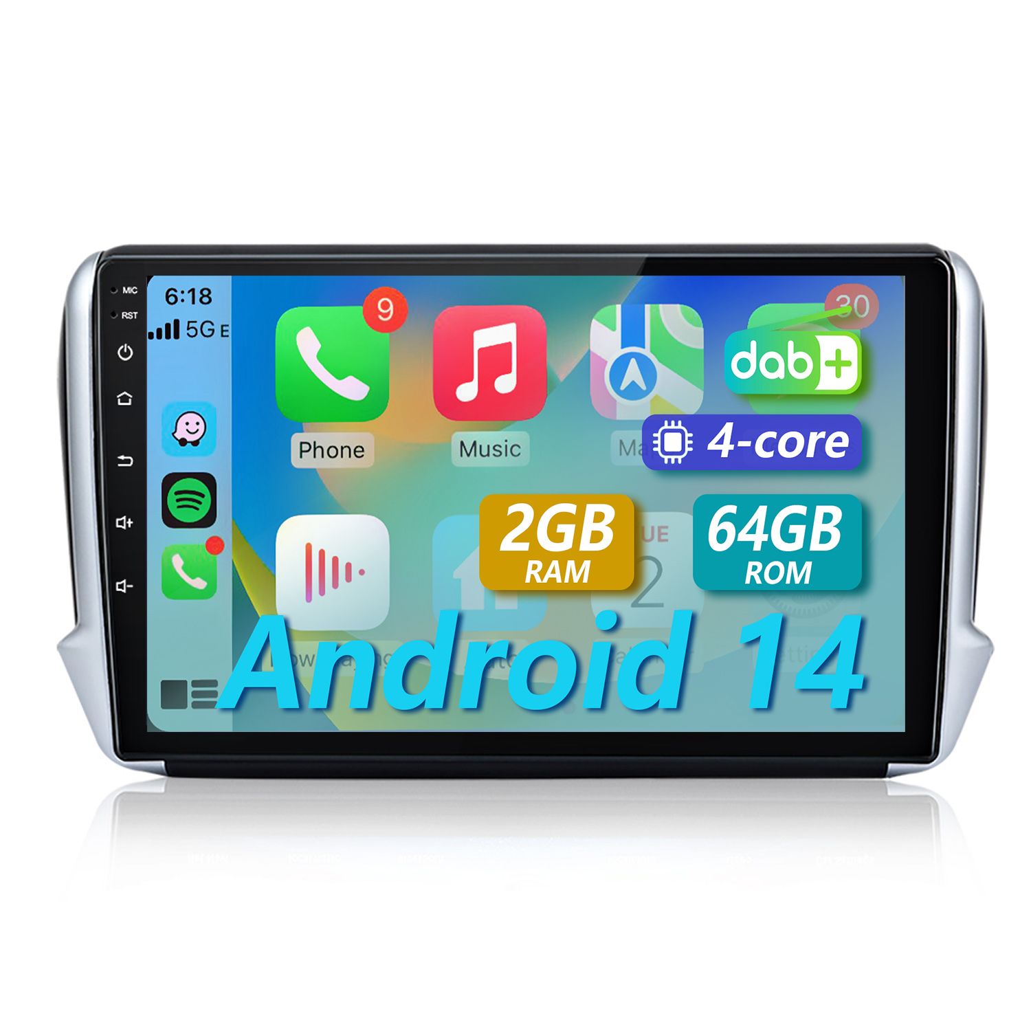 Pantalla de infoentretenimiento del coche muestra Android 14 con apps como Teléfono, Música, DAB+, 2GB RAM, 64GB ROM.