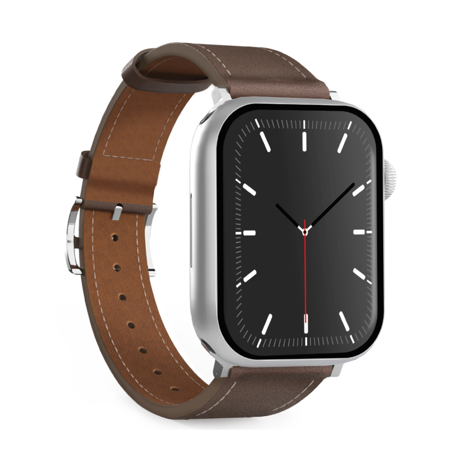 Uno smartwatch argentato con cinturino in pelle marrone e schermo nero con indicatori bianchi.