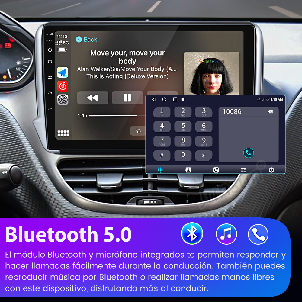 Pantalla de radio de coche con música y teclado numérico. "Bluetooth 5.0" abajo.