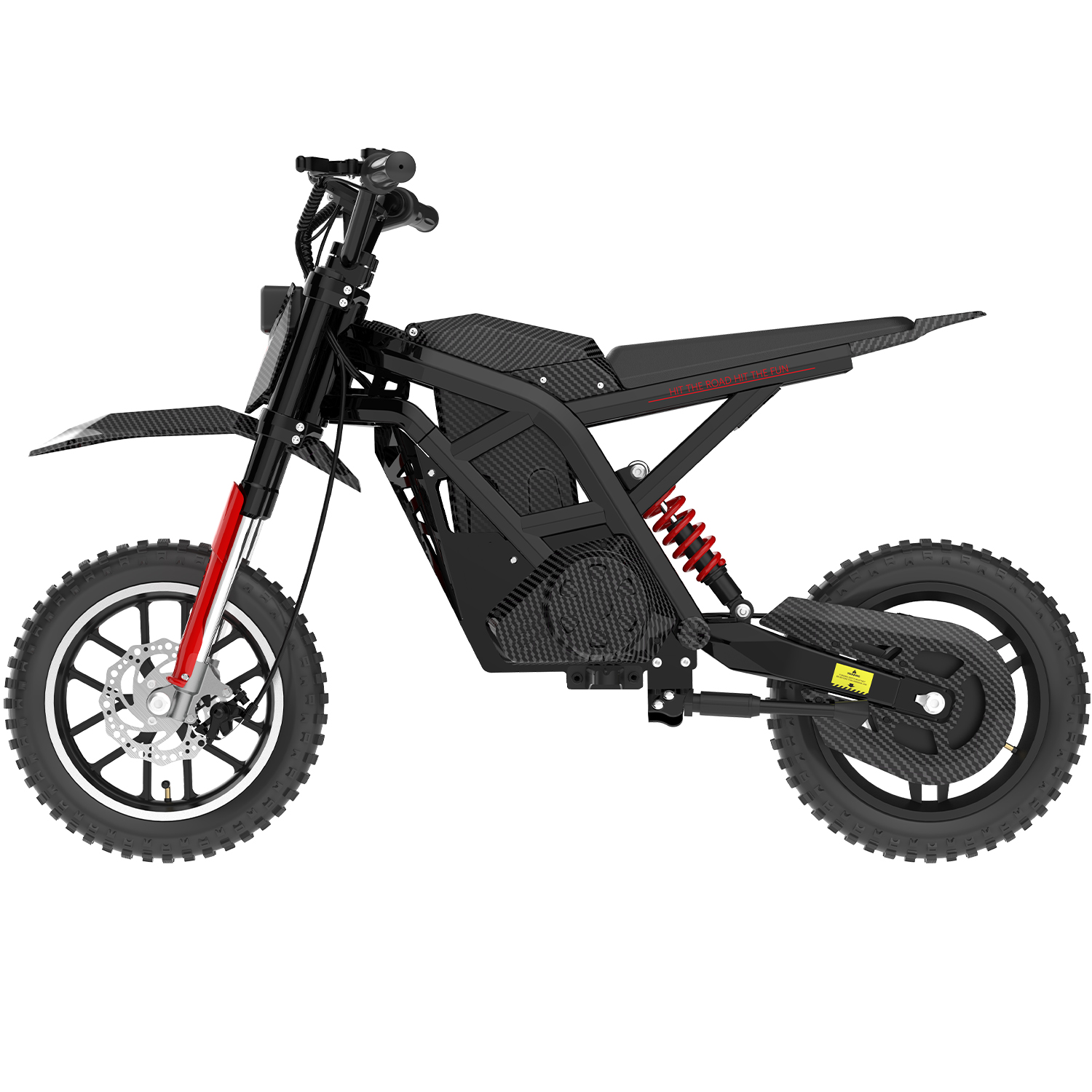 Ein schwarzes Elektro-Dirtbike mit roten Akzenten und Carbonfaser-Details, auf weißem Hintergrund.