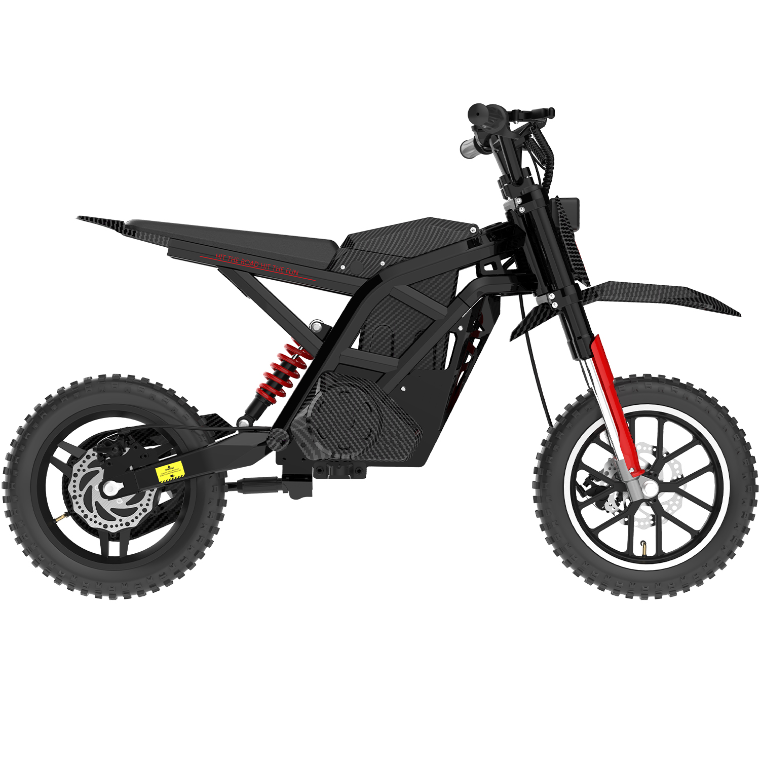 Ein schwarzes E-Dirtbike mit roten Akzenten, Stollenreifen und Carbonfaser-Details.