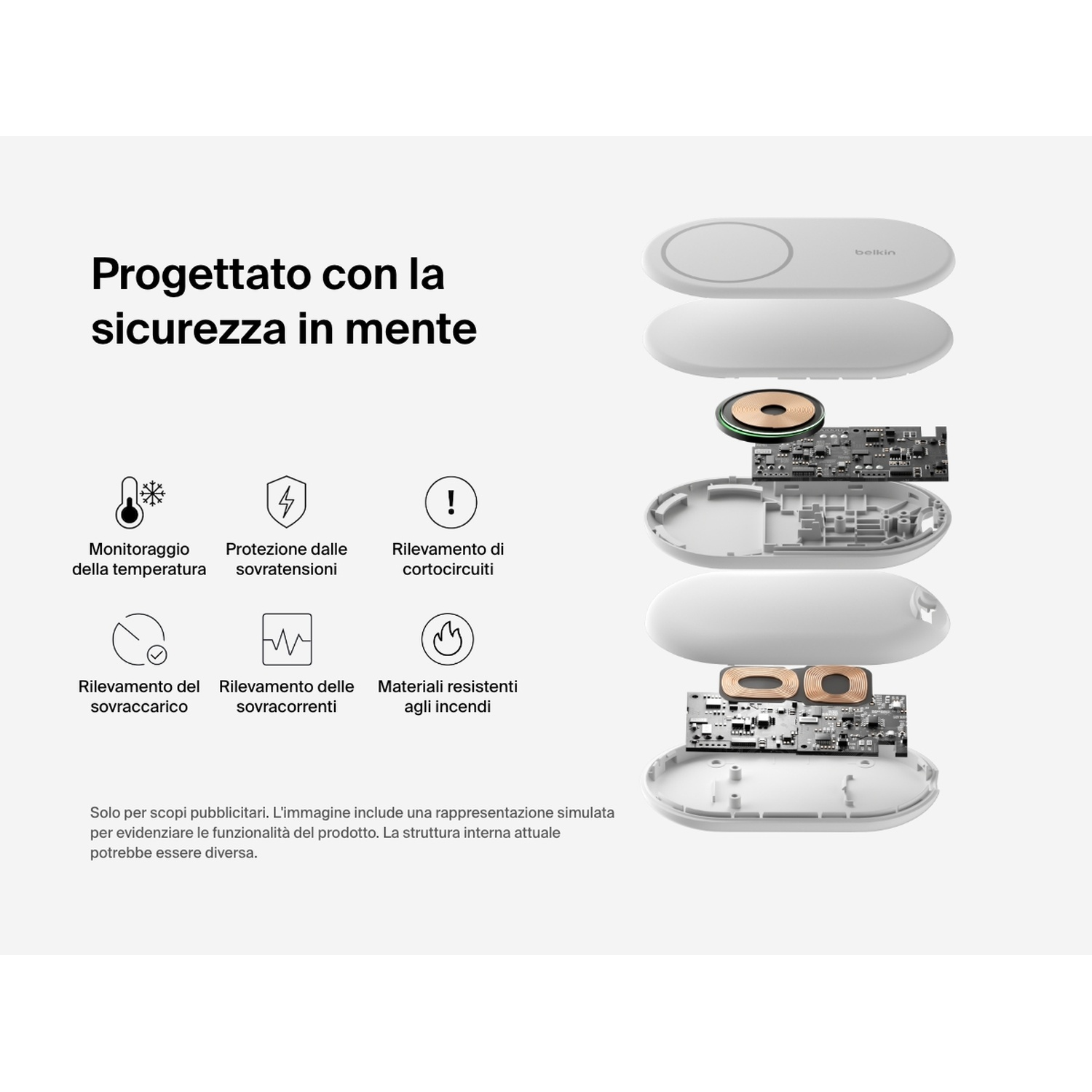 Un caricatore bianco smontato mostra la sua elettronica interna.