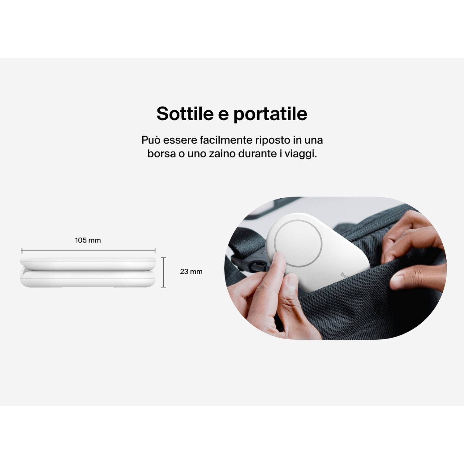 Caricatore portatile bianco e sottile, 105x23 mm, inserito in una borsa scura.