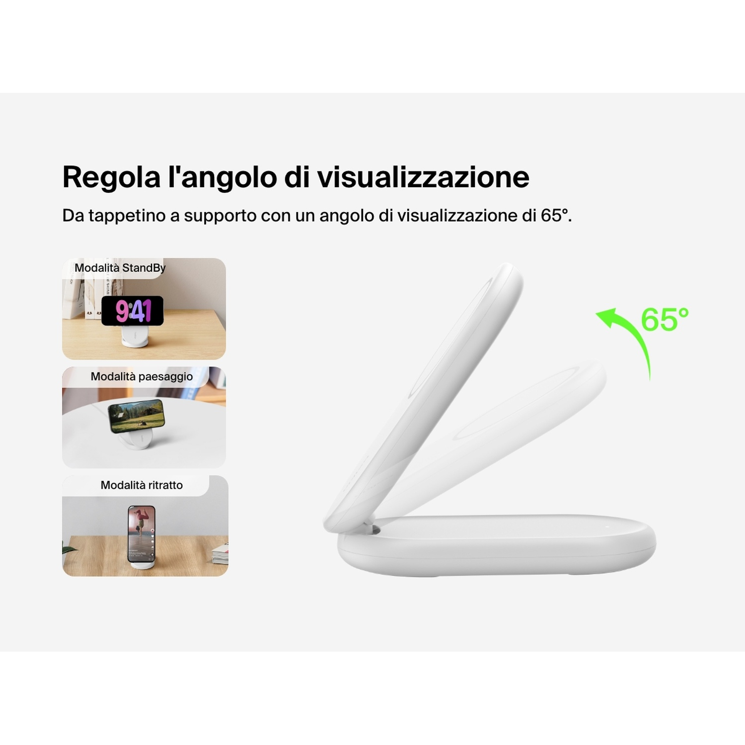 Un caricatore bianco che si trasforma in supporto, tenendo i telefoni ad angoli diversi.