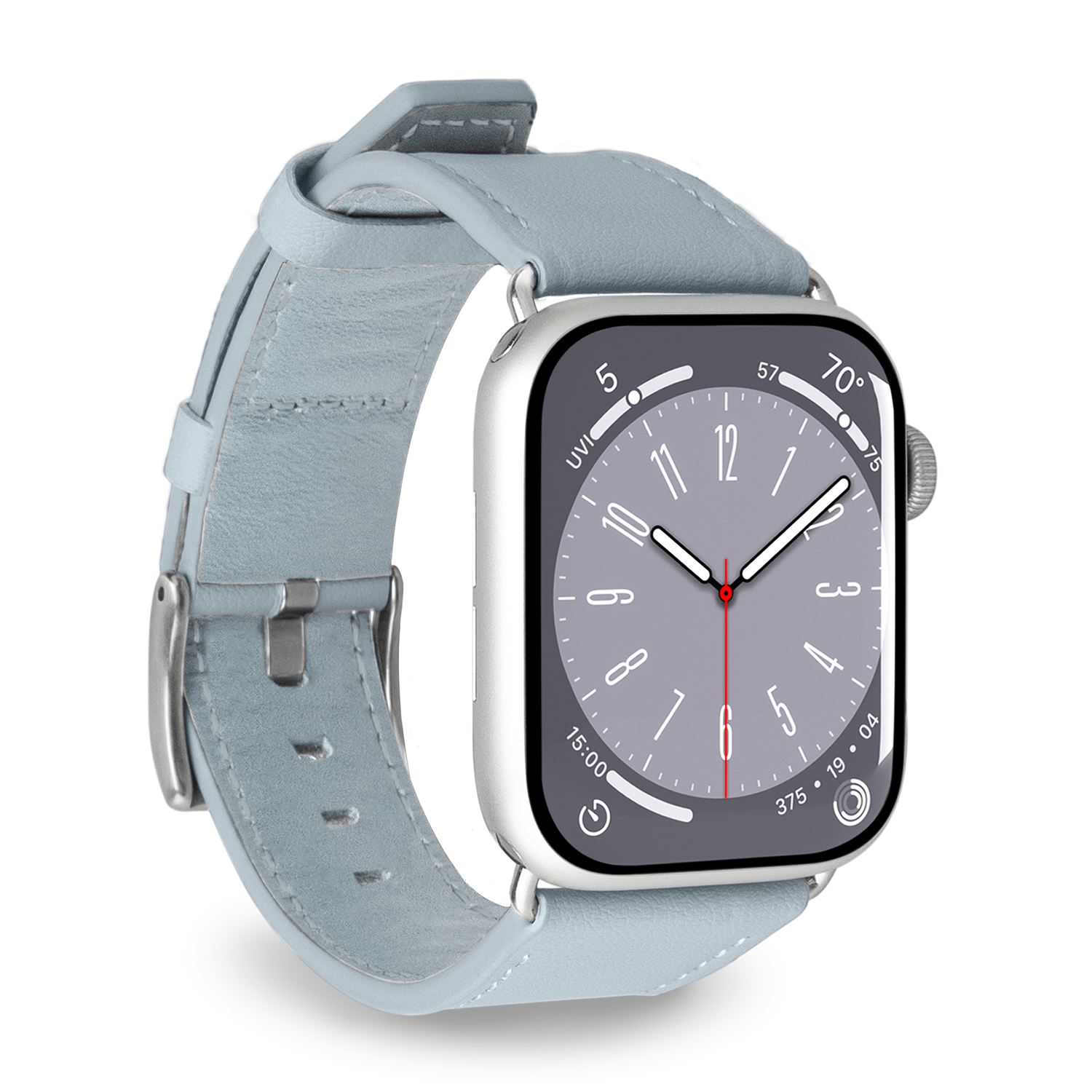 Uno smartwatch argentato con cinturino in pelle azzurro mostra un quadrante grigio con l'ora.