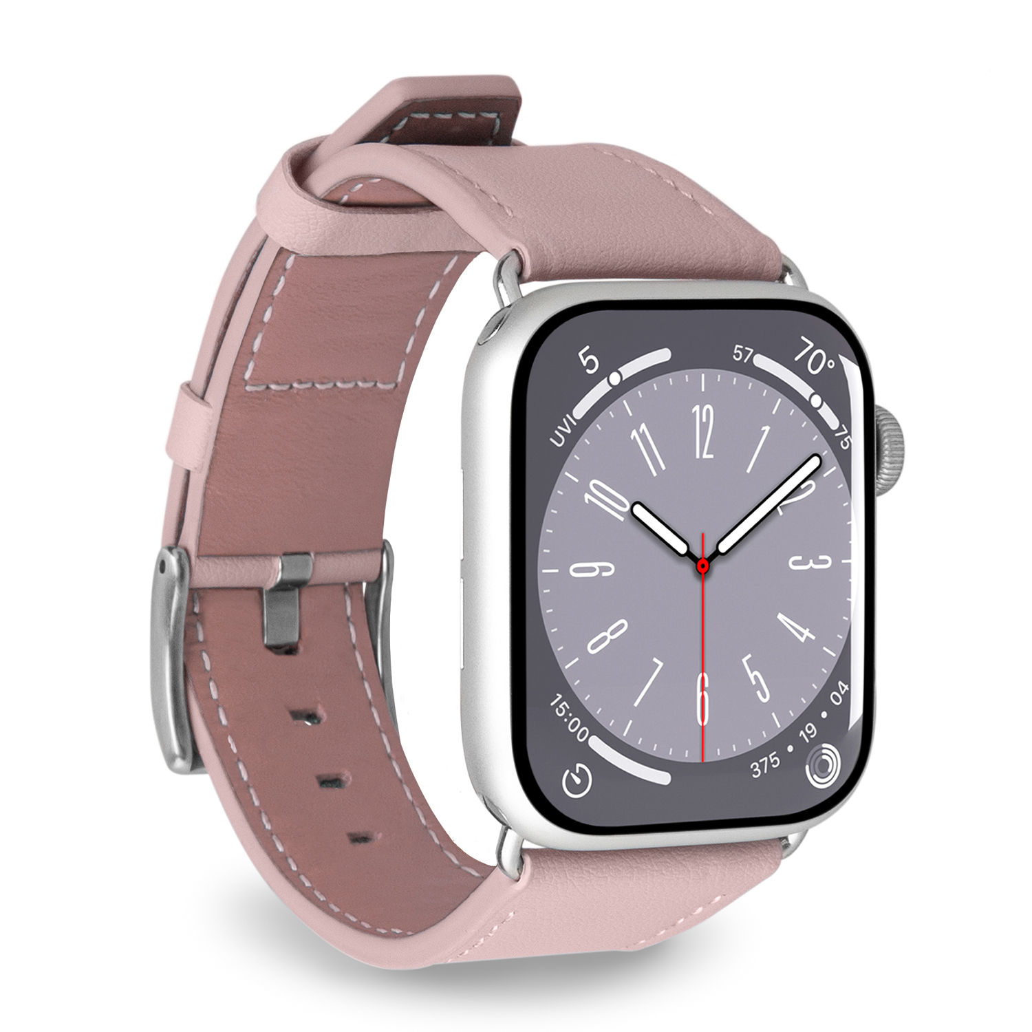 Reloj inteligente plateado con correa de cuero rosa y esfera gris.