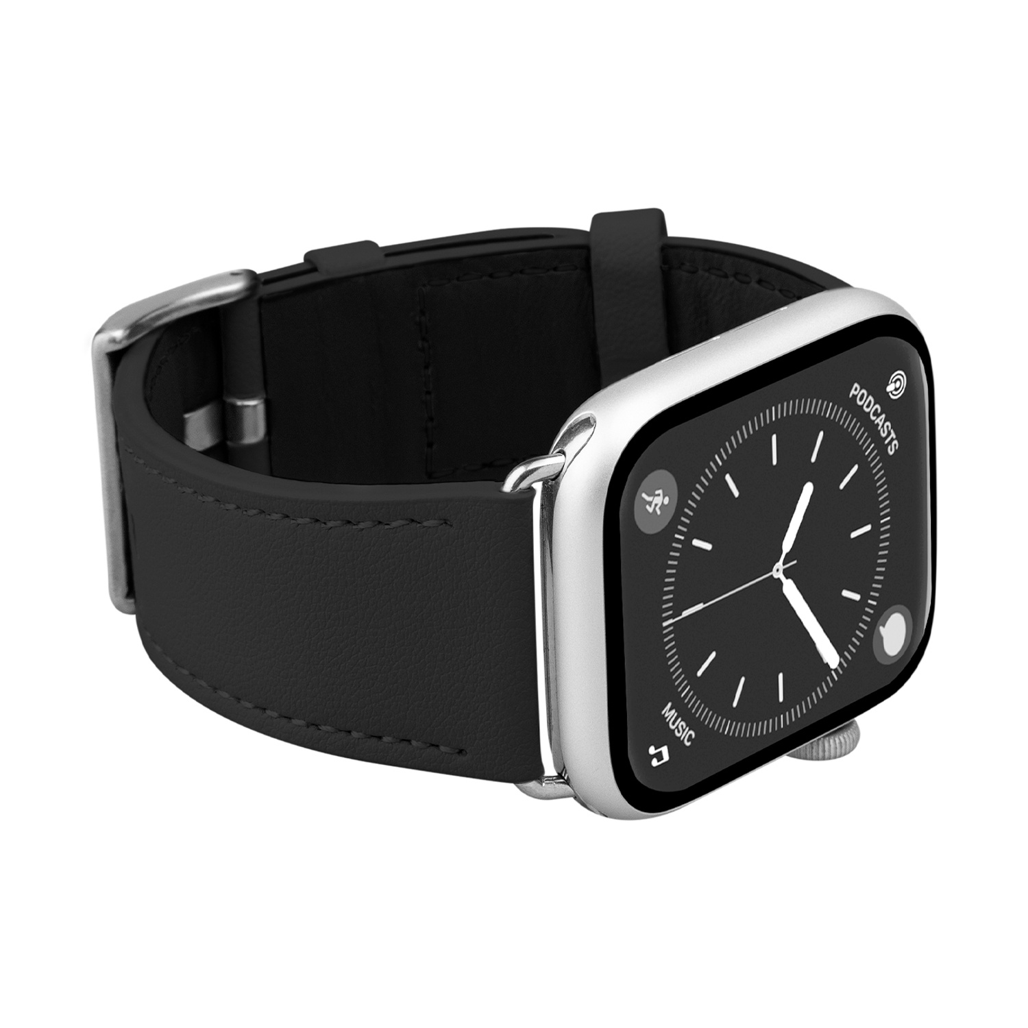Uno smartwatch in pelle nera con cassa argentata e quadrante nero.