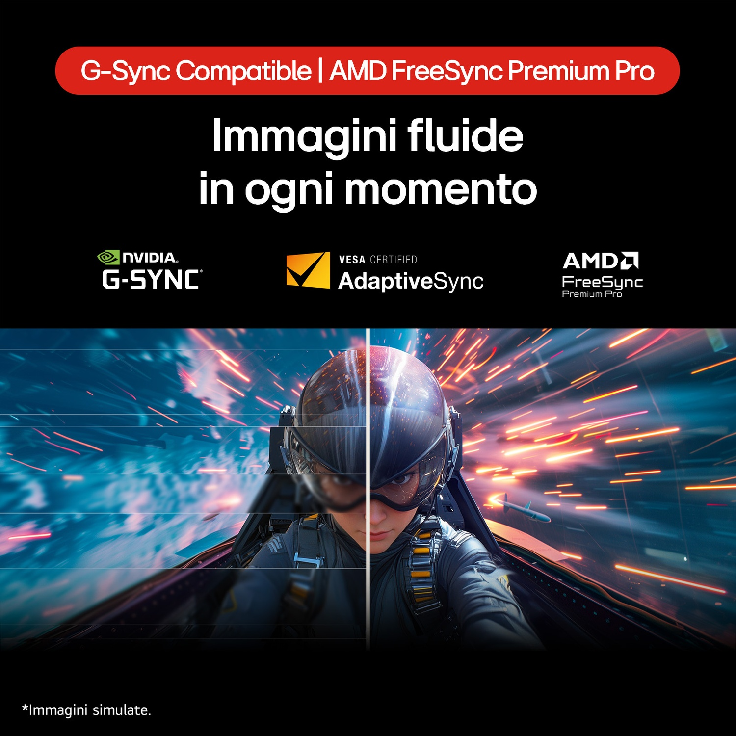 Pilot in einem Jet-Cockpit mit G-Sync und FreeSync-Logos. Simulation.