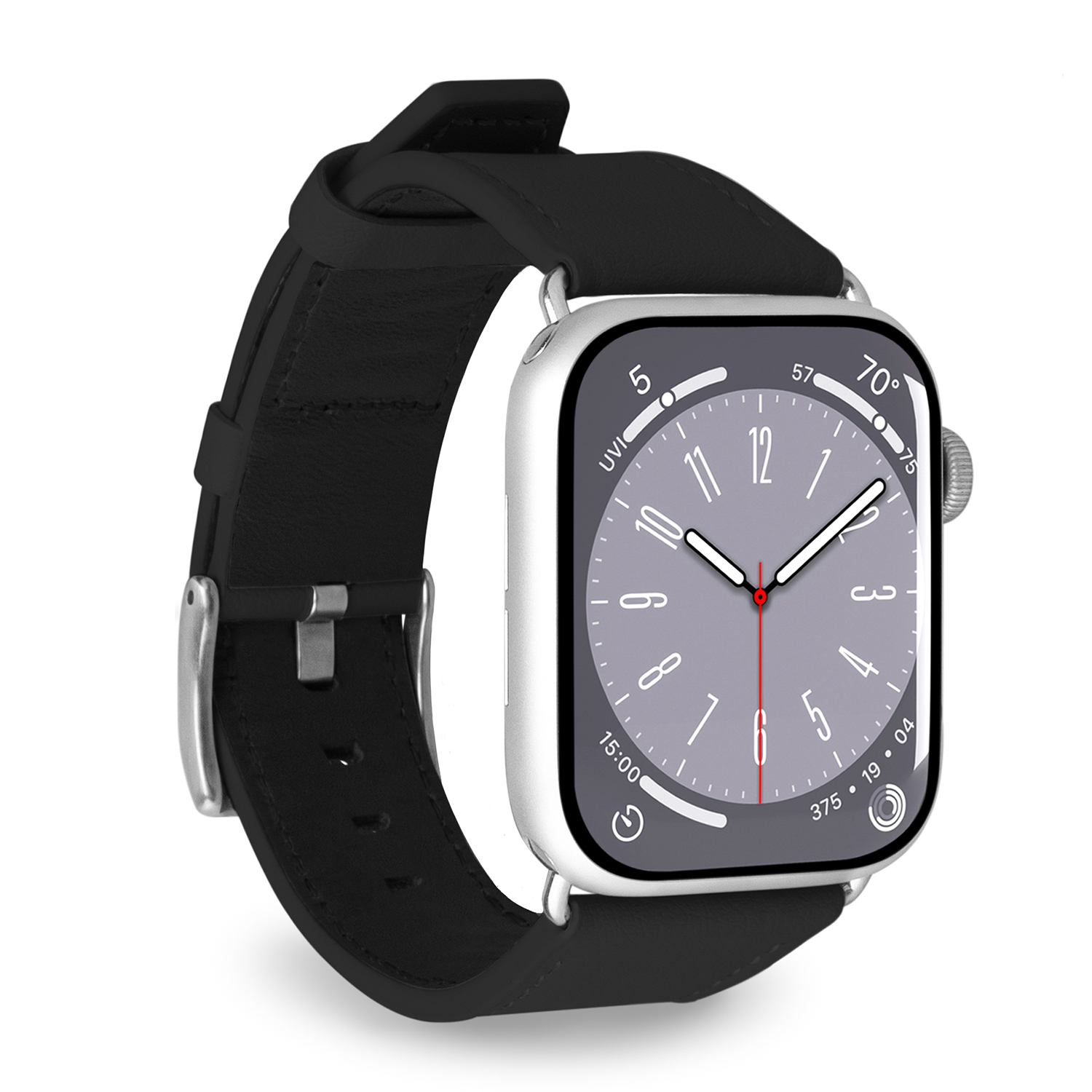 Uno smartwatch argentato con cinturino in pelle nera e quadrante grigio.