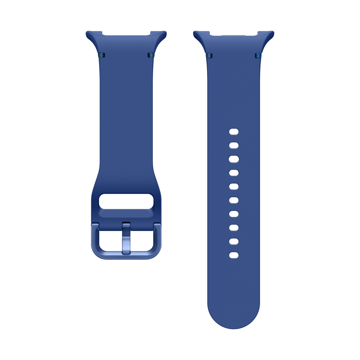 Dos correas de reloj azules con hebilla y patrón de agujeros.