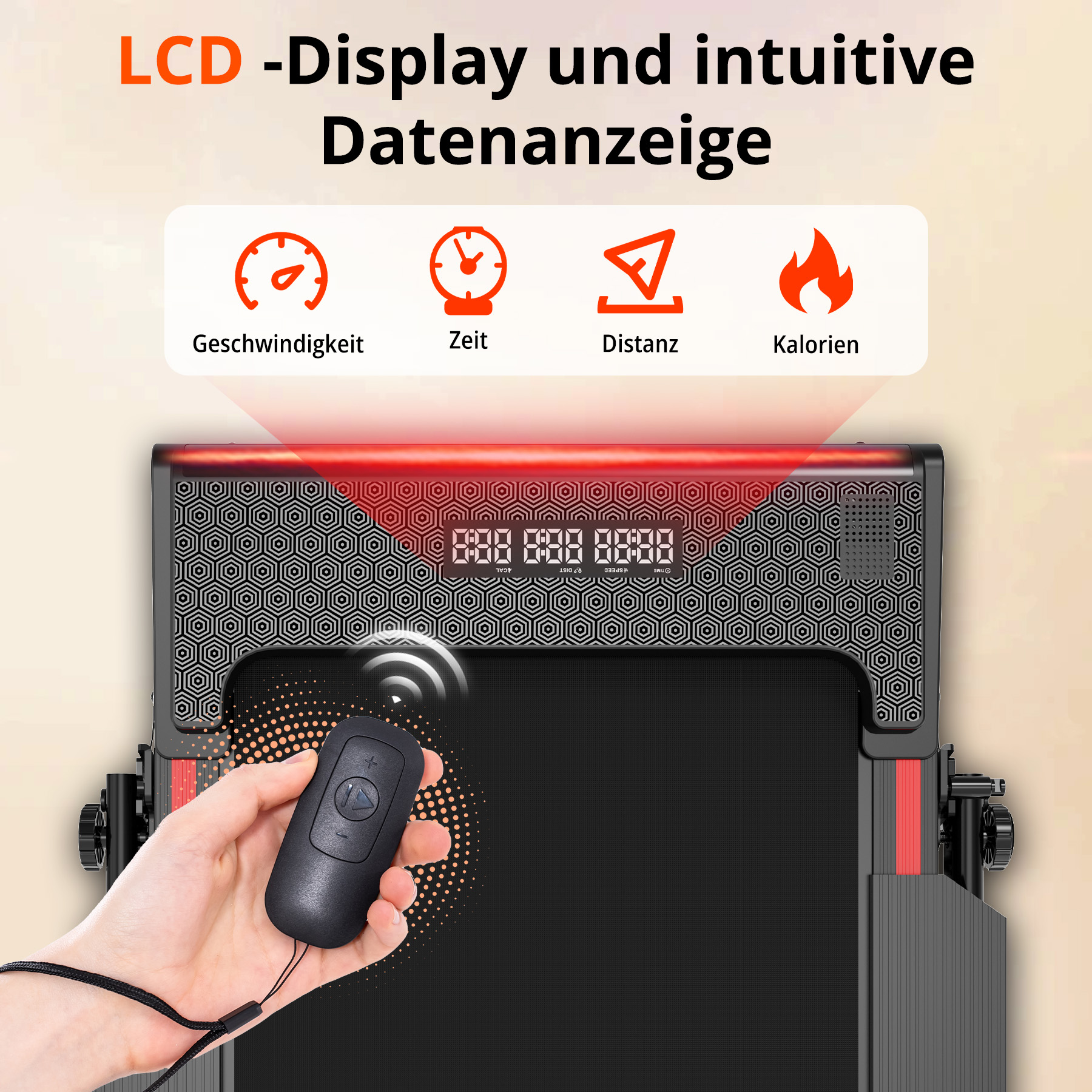 Ein Laufband-Display mit Symbolen für Geschwindigkeit, Zeit, Distanz und Kalorien.