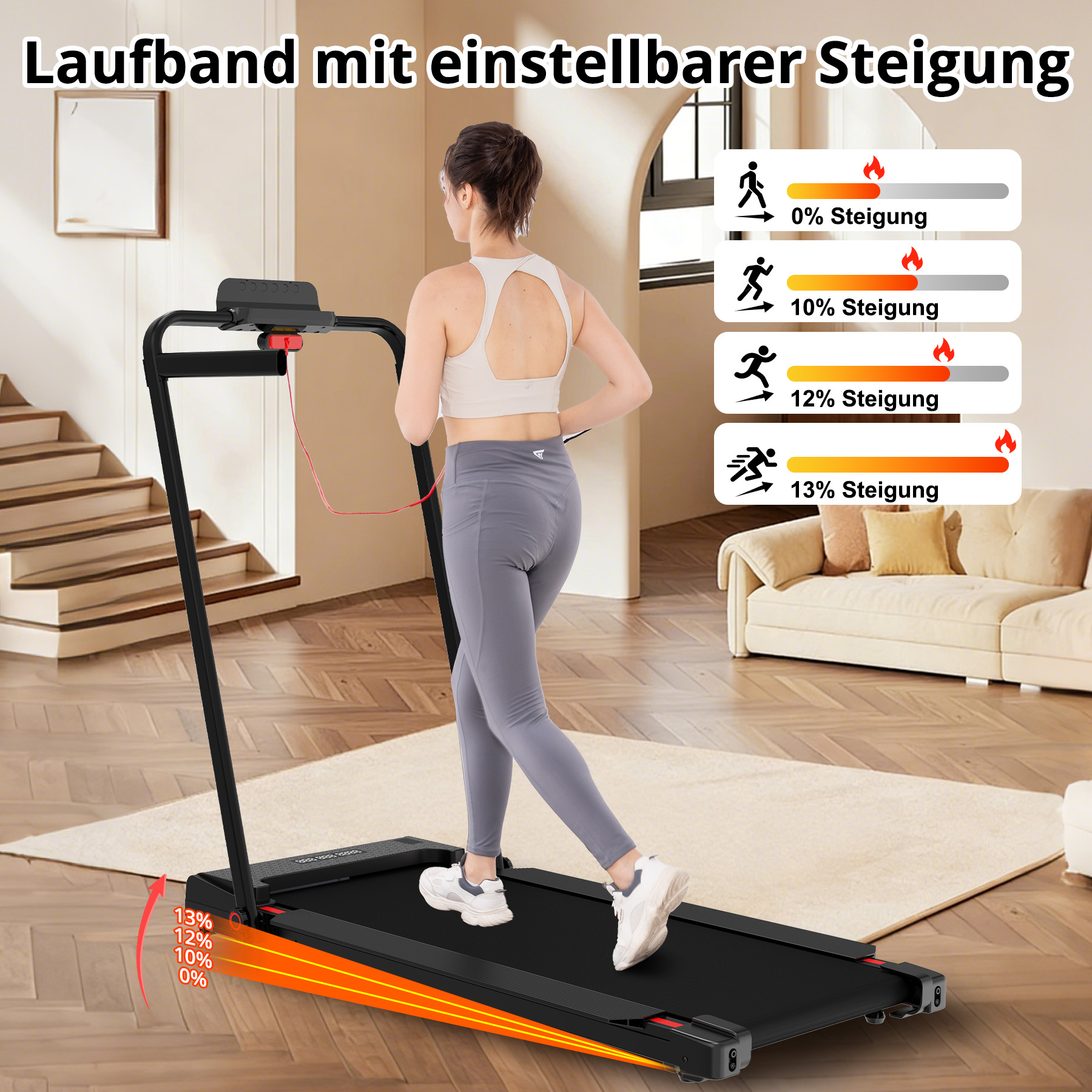 Frau läuft auf Laufband mit einstellbarer Steigung. Icons zeigen Steigungen 0-13%.