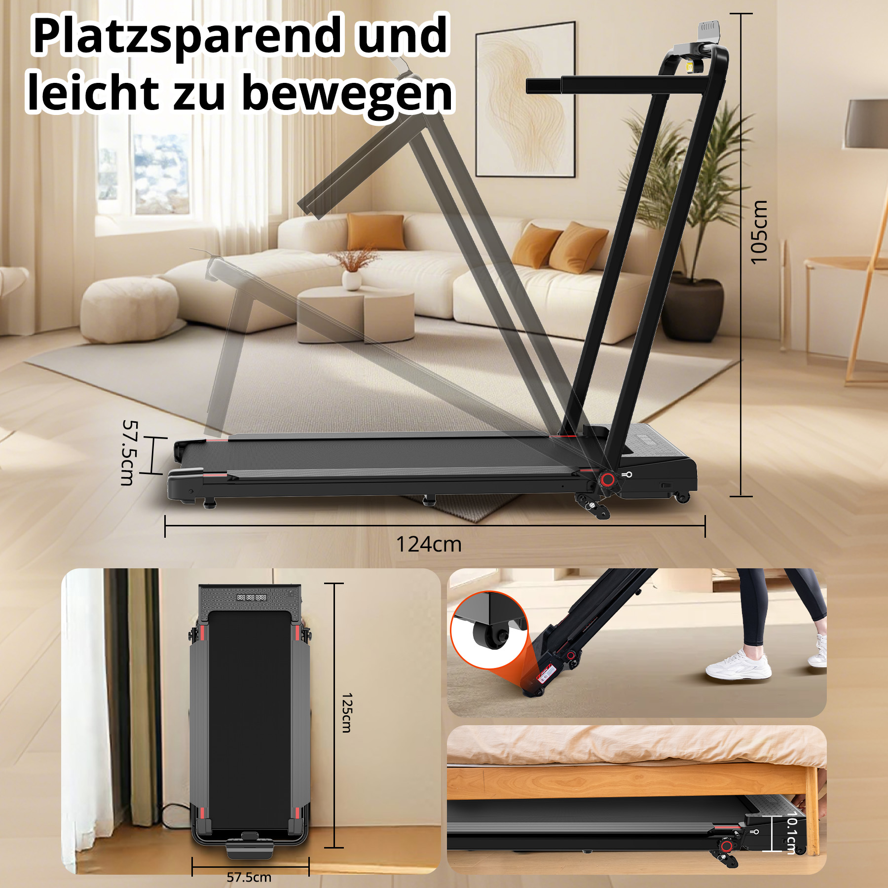 Kompakter, leicht zu bewegender Laufband mit Maßen und Wohnzimmer-Setup.
