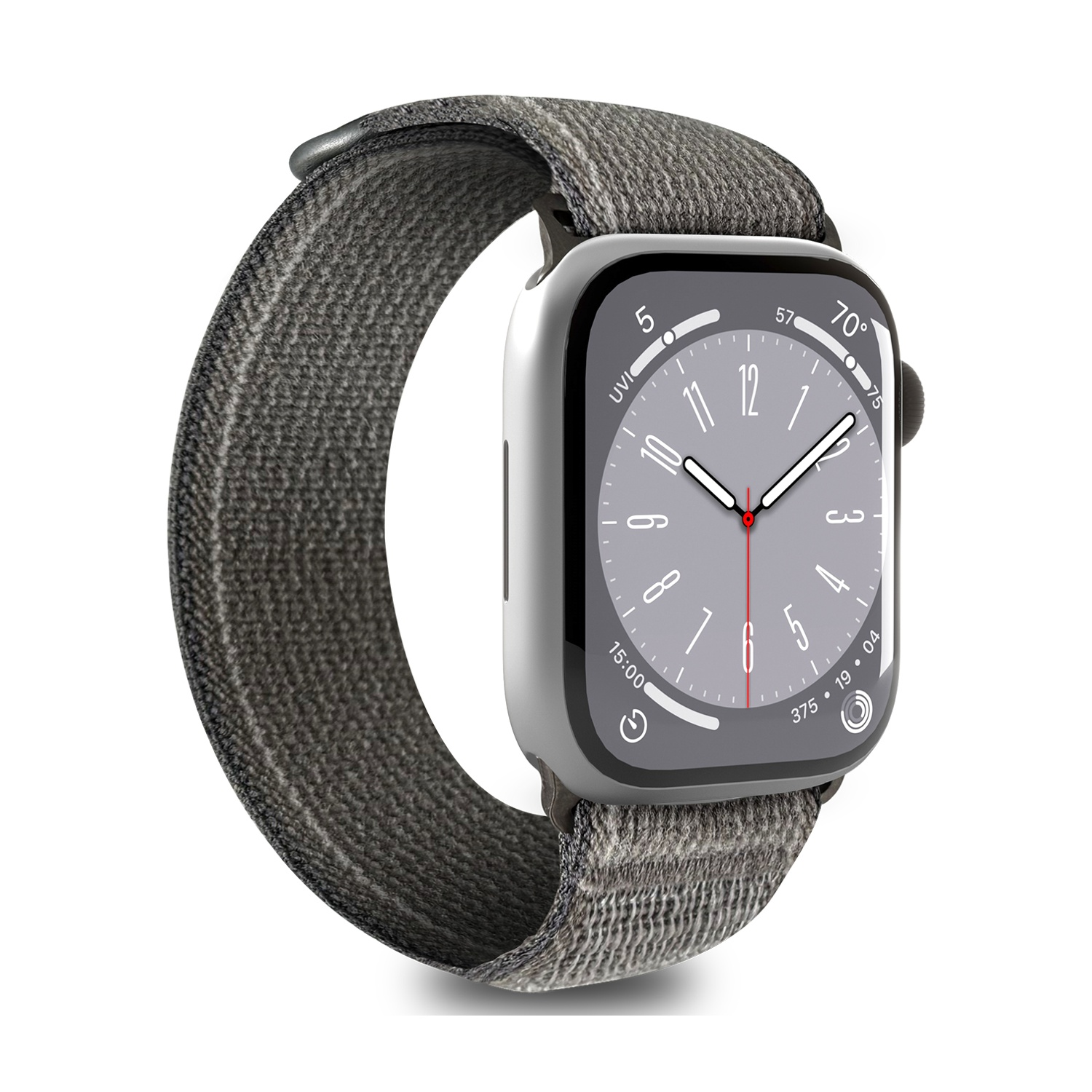 Zegarek smartwatch z szarym tkanym paskiem wyświetla godzinę 15:00 na ekranie.