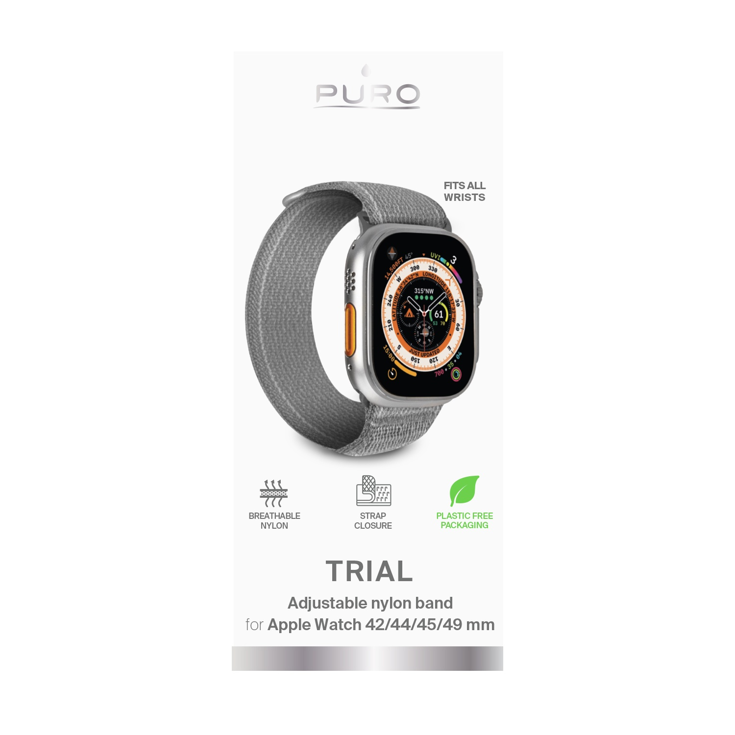 Apple Watch plateada con banda de nailon gris, mostrada en embalaje. Presenta iconos de transpirabilidad.