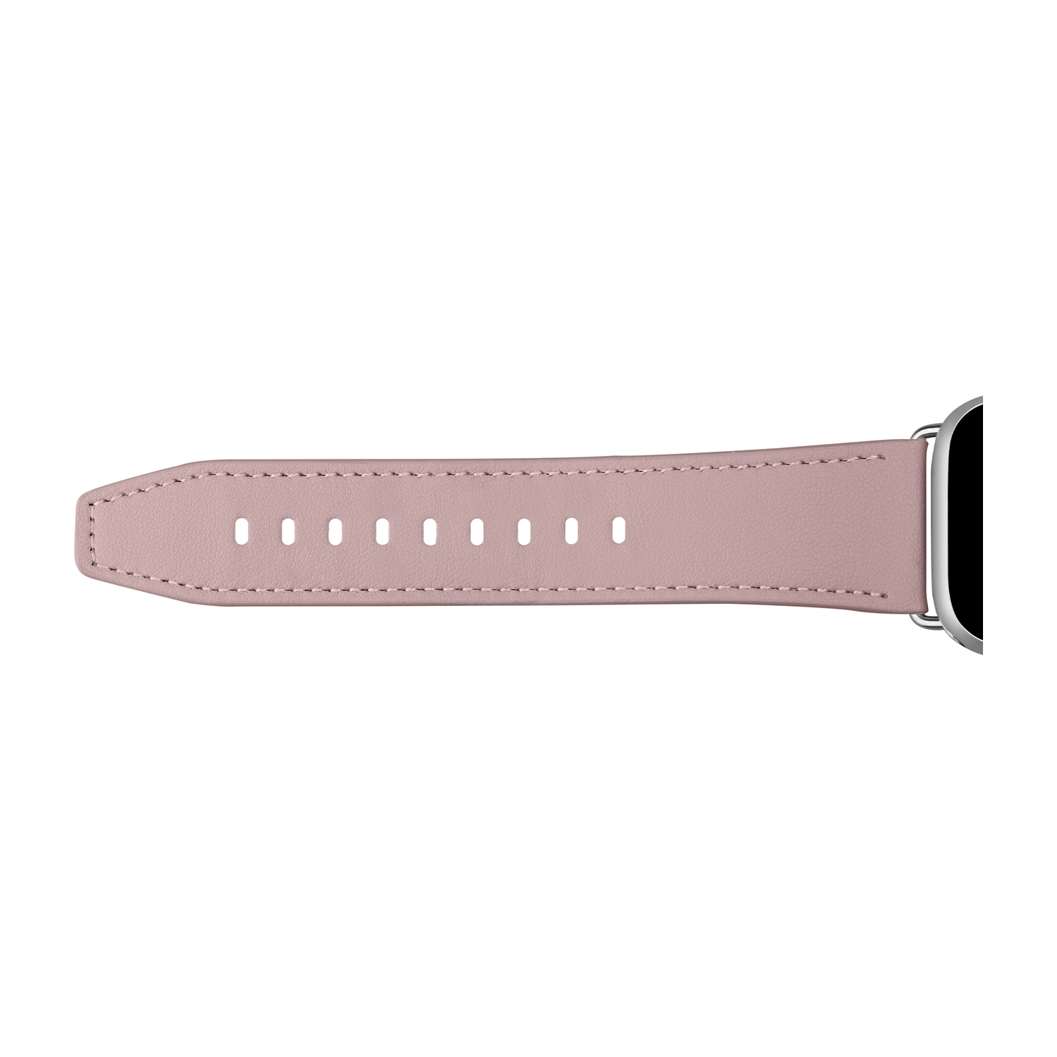 Un cinturino di pelle rosa con connettore argento e fori.