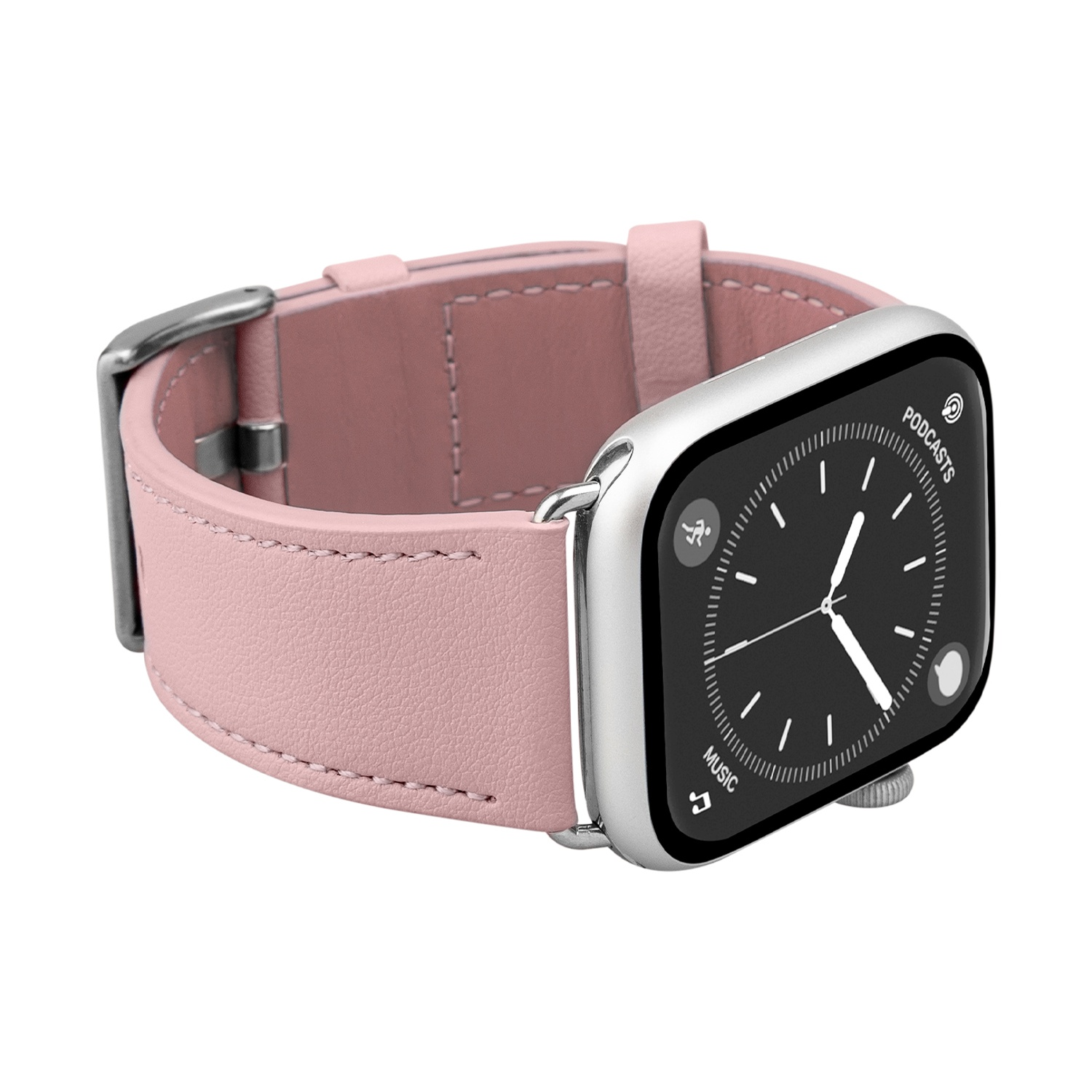 Uno smartwatch rosa con cassa argentata e quadrante digitale.