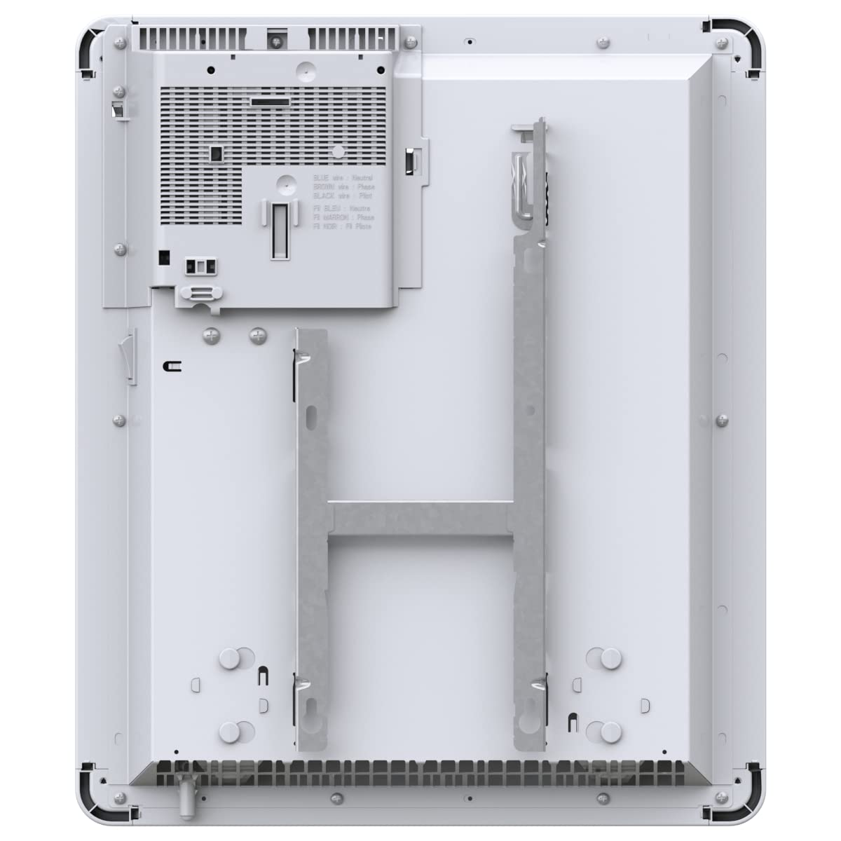 Die Rückseite eines weißen elektronischen Geräts mit Lüftungsschlitzen, Schrauben und Montagehalterungen.