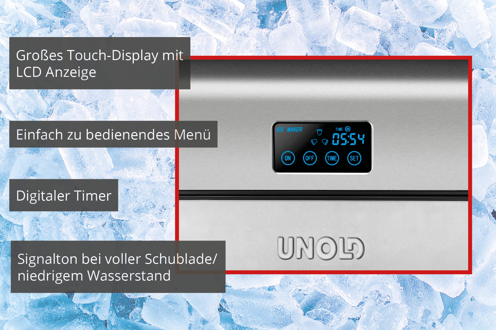Edelstahl-Eismaschine mit großem Touch-Display, das 05:54 Uhr anzeigt.