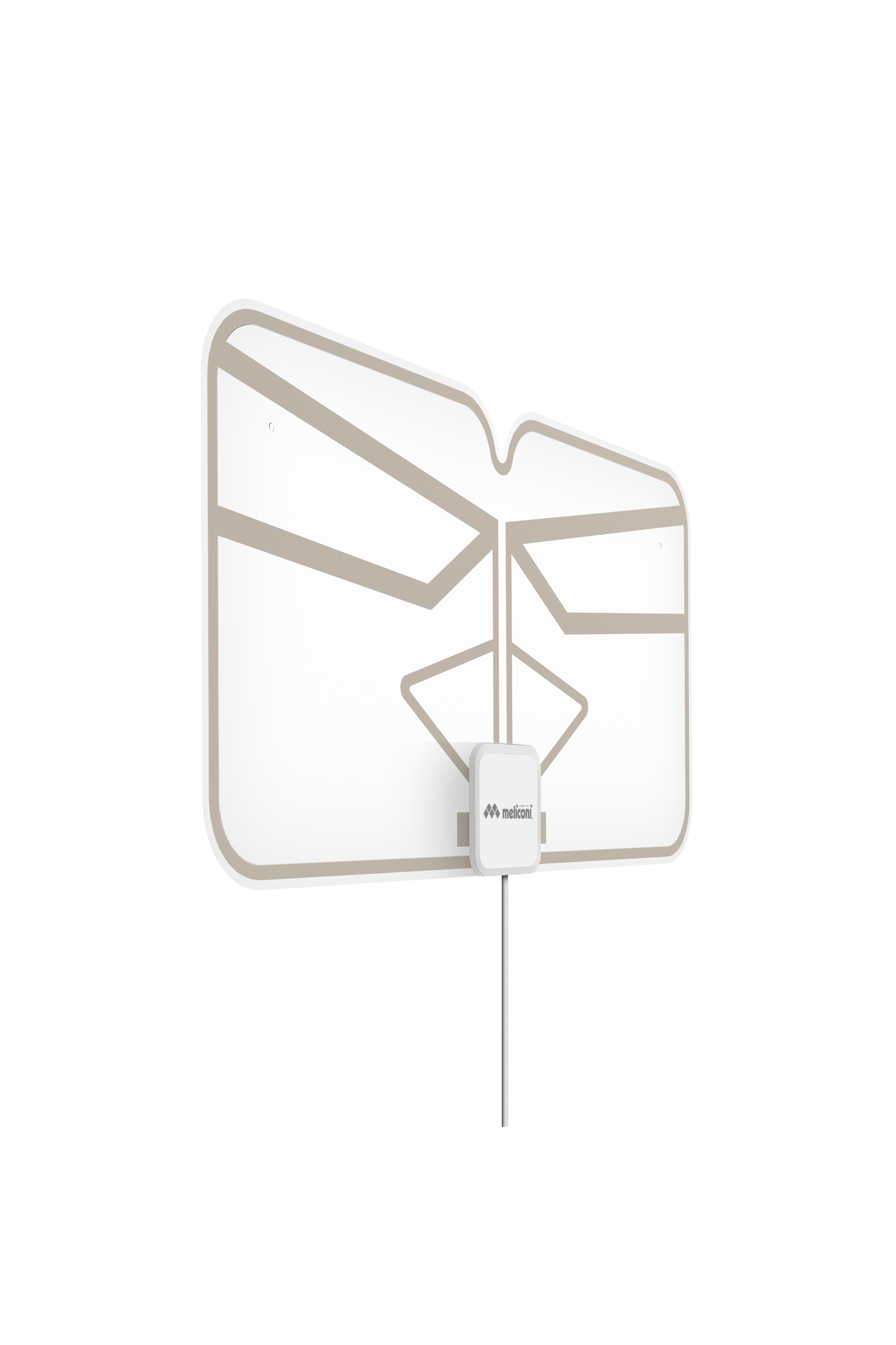 Una antena plana blanca con líneas beige y una pequeña caja blanca con el logo de Meliconi.