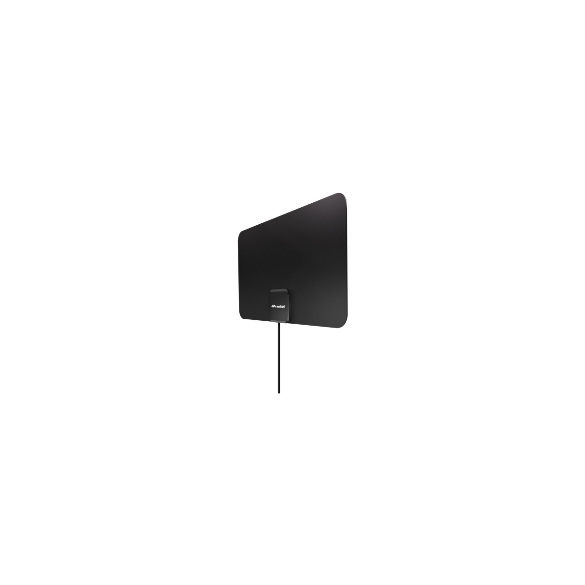 Una antena de TV plana negra con cable adjunto, sobre un fondo blanco.