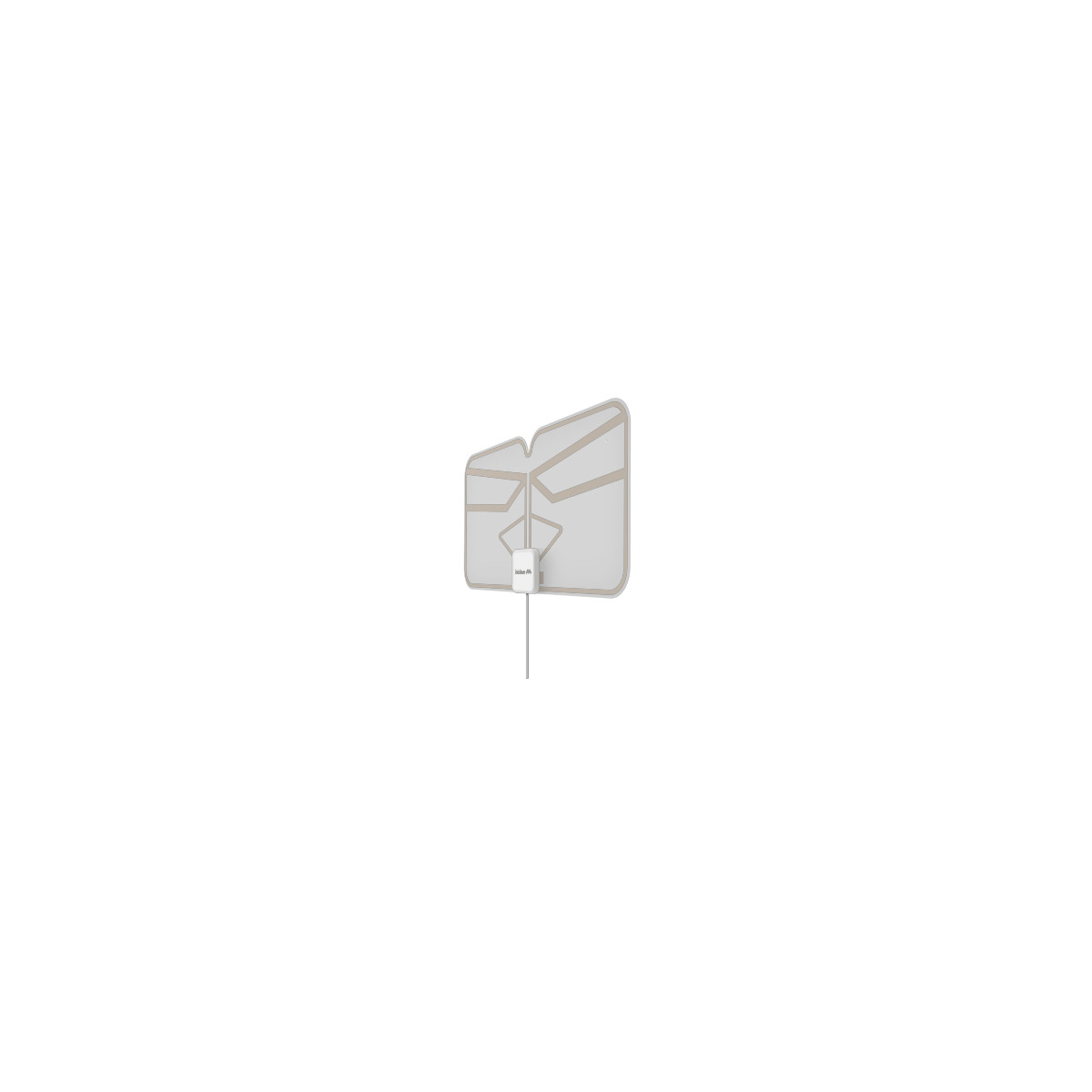 Una antena plana blanca con cable gris se muestra sobre fondo blanco.