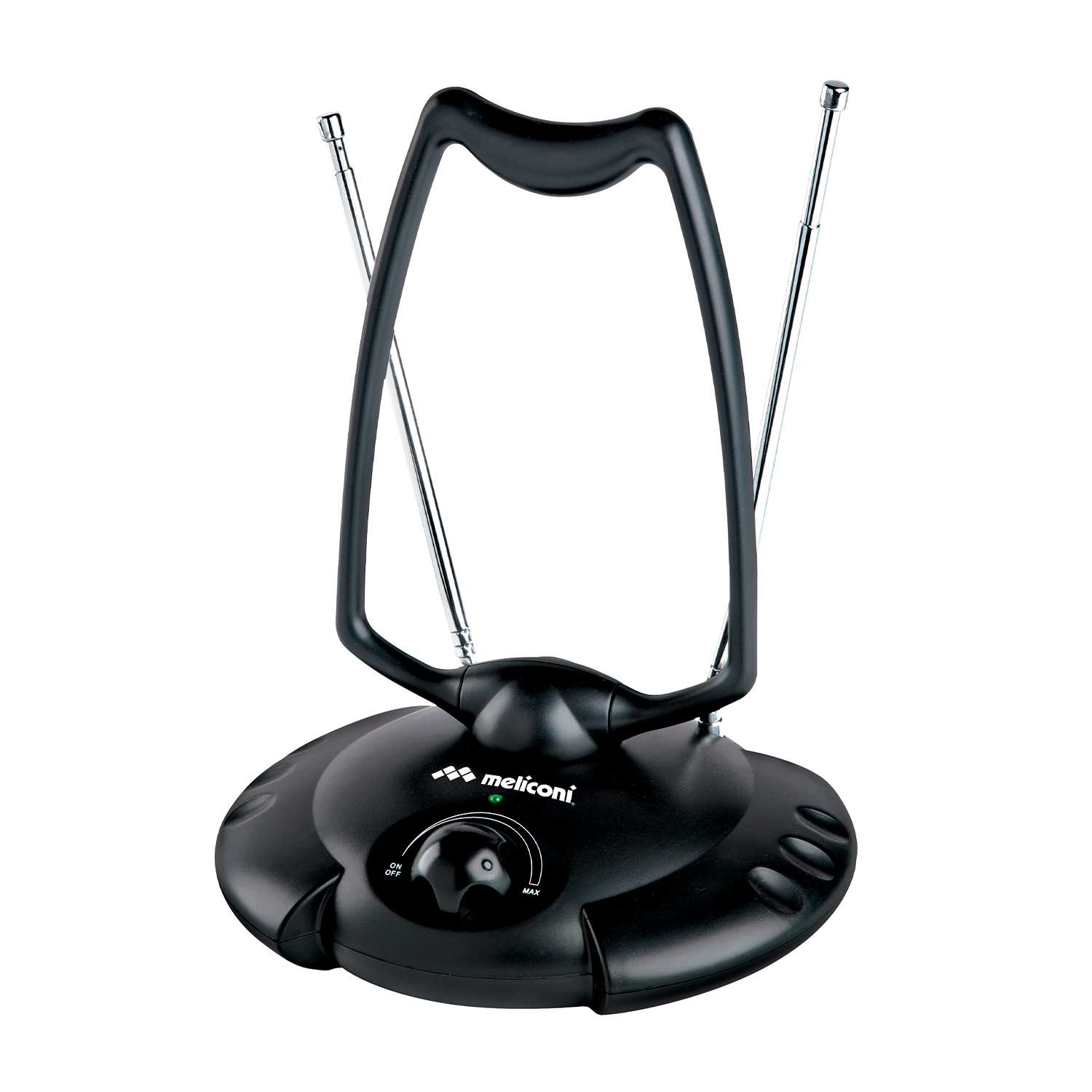 Czarny wzmacniacz anteny TV z wysuwanymi prętami i pokrętłem wł./wył.