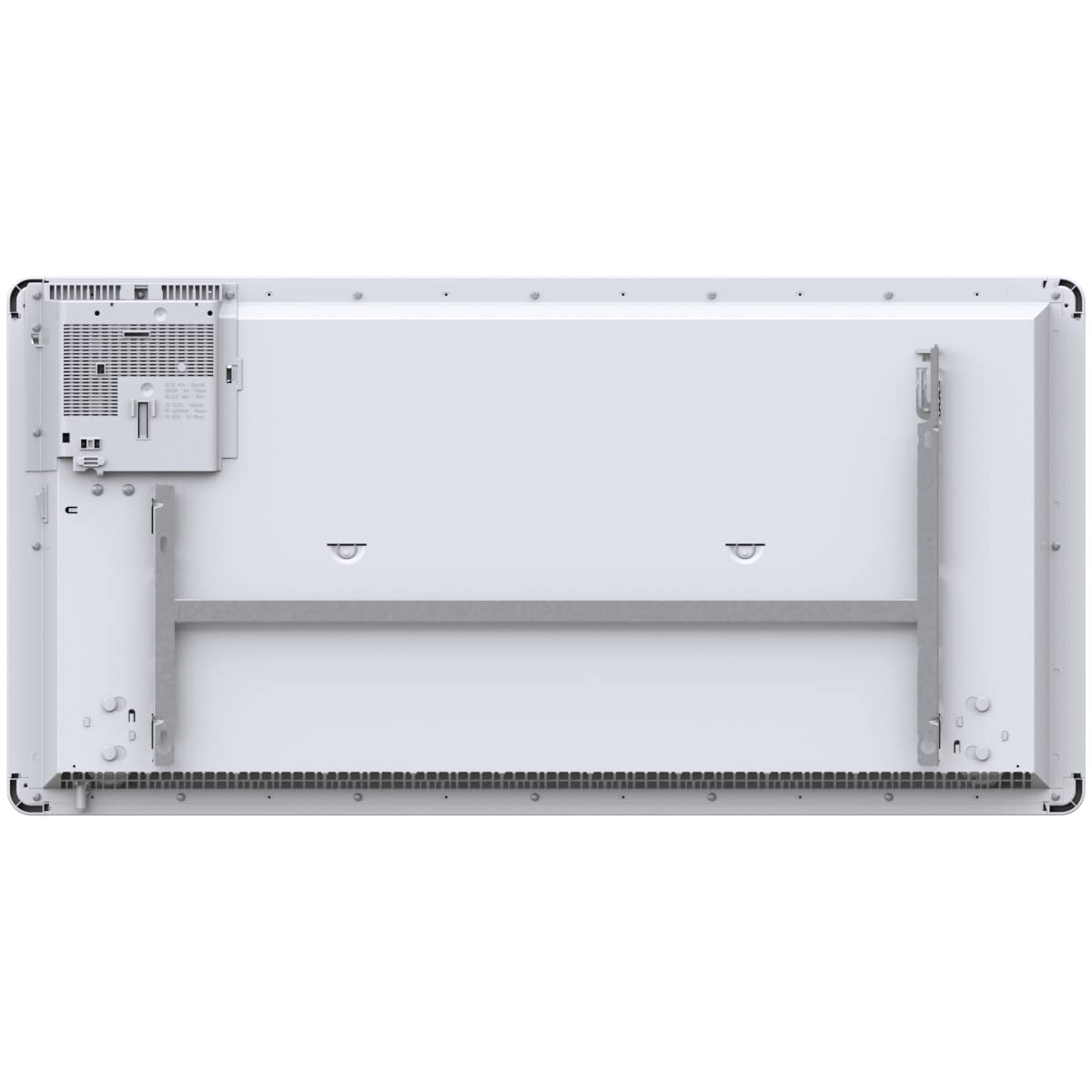 Rückansicht eines weißen Flachpanels mit Metallwinkeln und Lüftungsschlitzen.