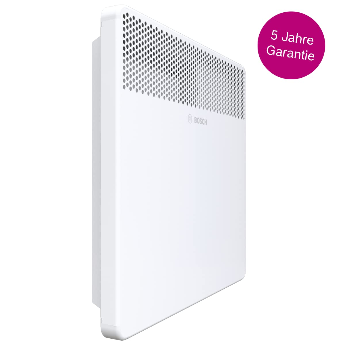 Ein weißer Bosch Elektroheizer mit perforiertem oberem Grill und einem pinken Kreis mit der Aufschrift '5 Jahre Garantie'.