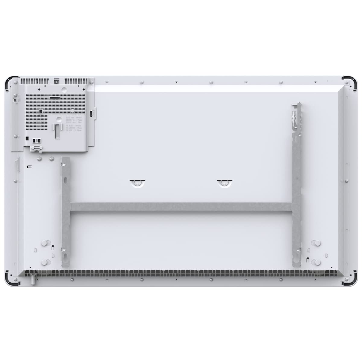 Rückseite eines weißen Fernsehers mit Lüftungsschlitzen und Metallhalterungen.
