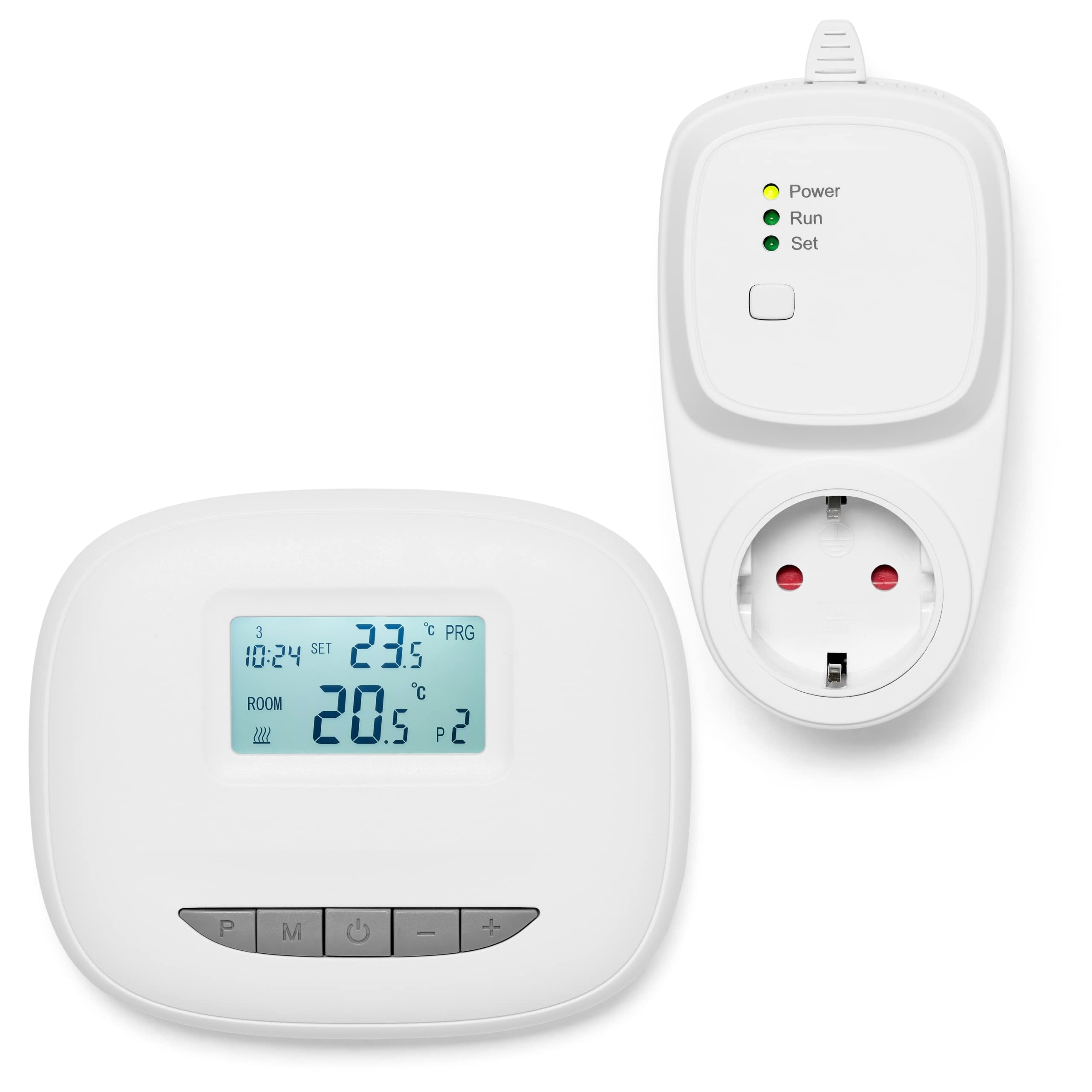 Weißer Thermostat mit Digitalanzeige und weißem Stecker mit Kontrollleuchten.