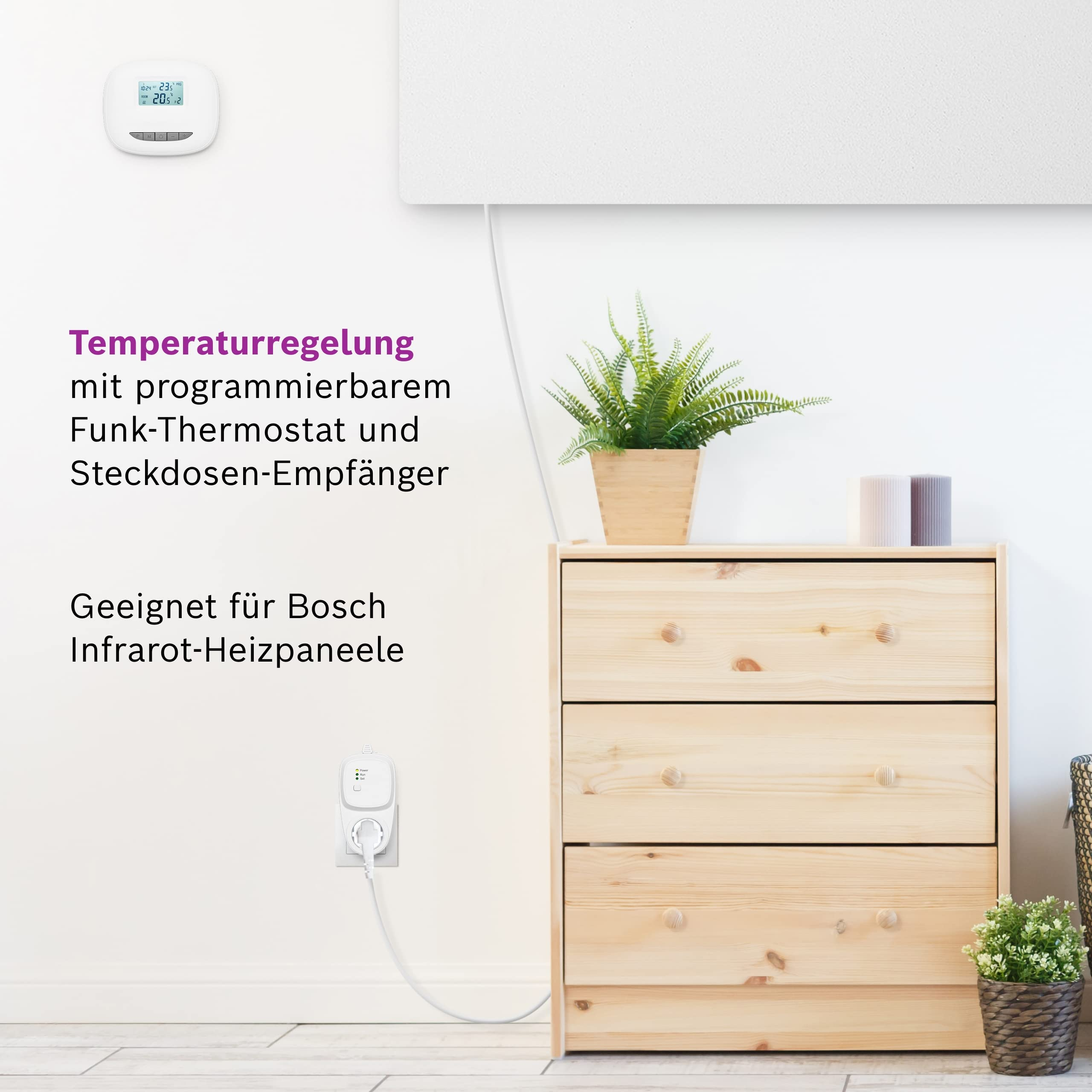 Ein programmierbarer Thermostat mit Steckdosenempfänger und einer Holzkommode.