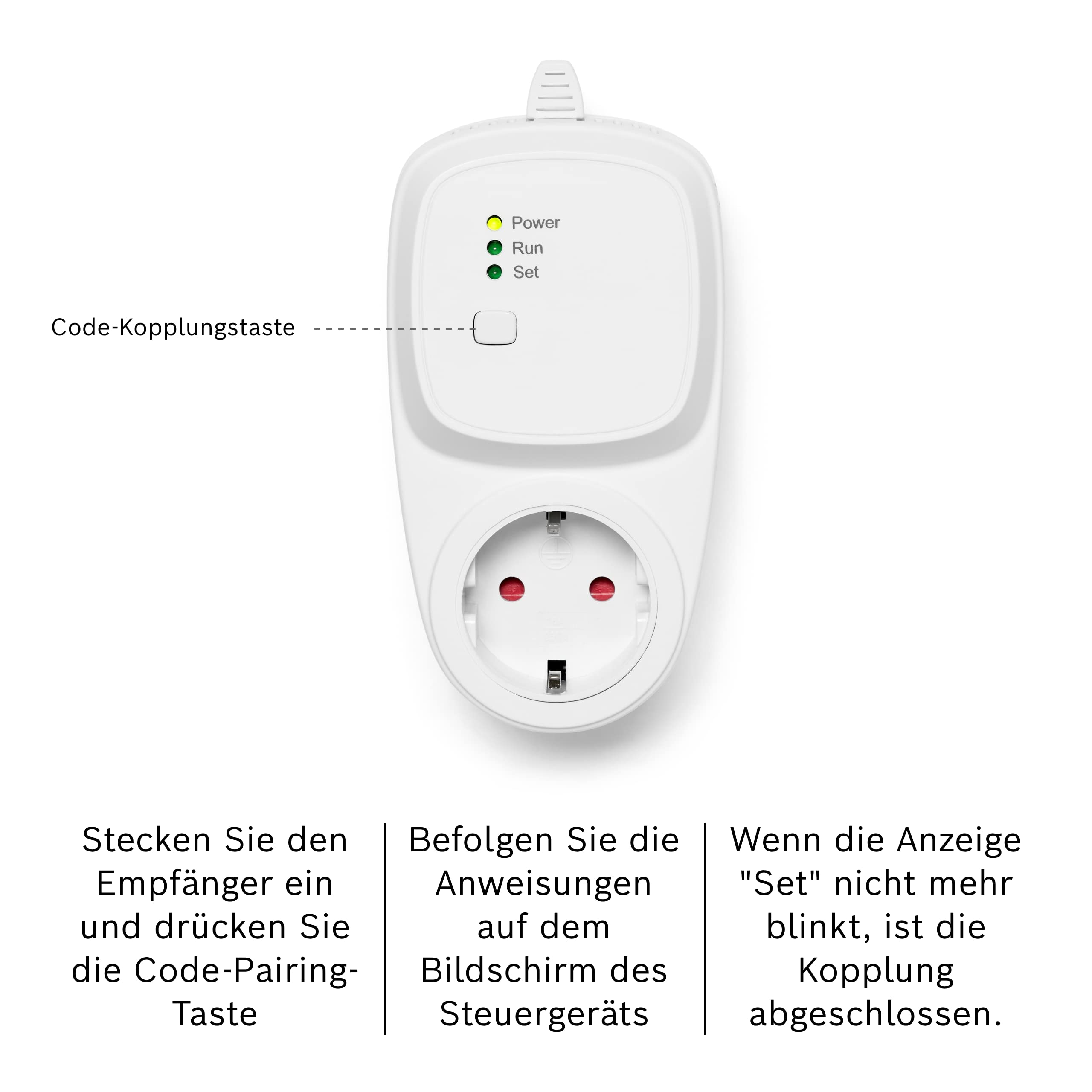 Ein weißer Smart-Stecker mit Ladebuchse, Power-, Run- und Set-LEDs.