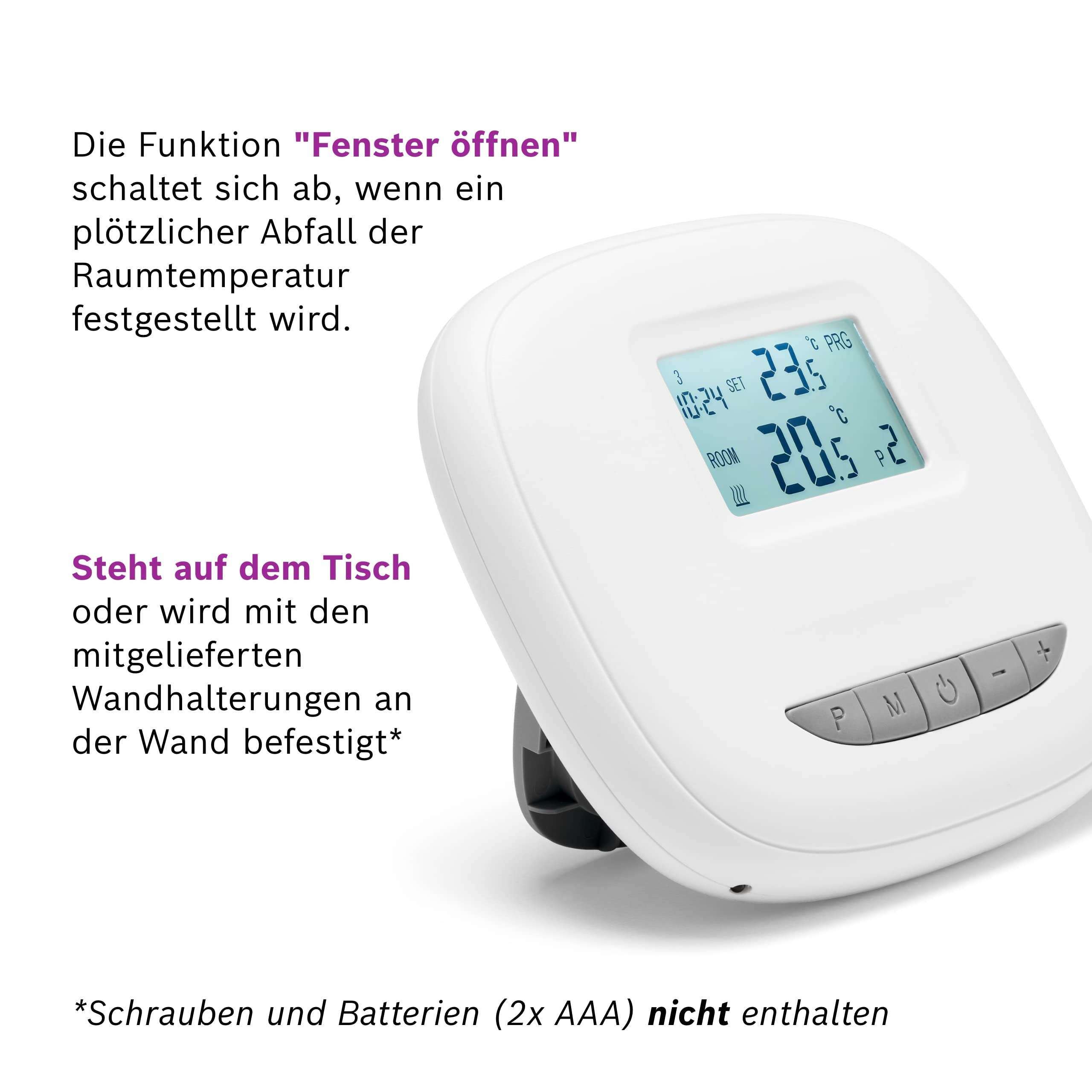 Ein weißes Thermostat zeigt 23,5°C und 20,5°C an. Es hat Tasten für P, M, Uhr, Minus und Plus.