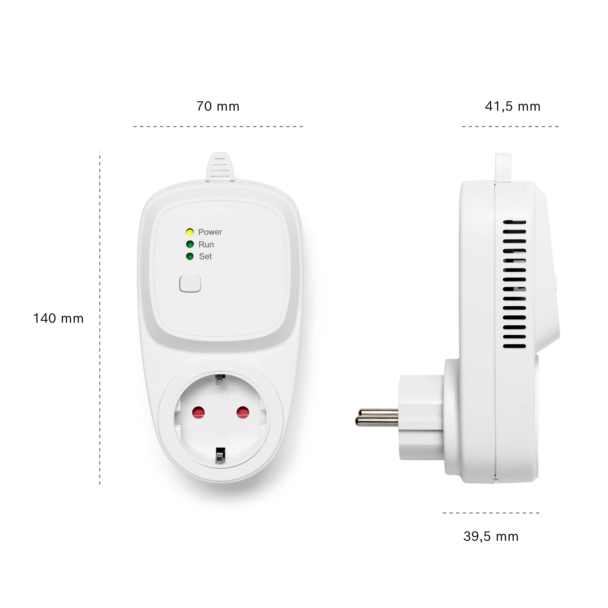 Weißer Smart-Stecker mit Maßen 70x41,5x140mm und Anzeigeleuchten.