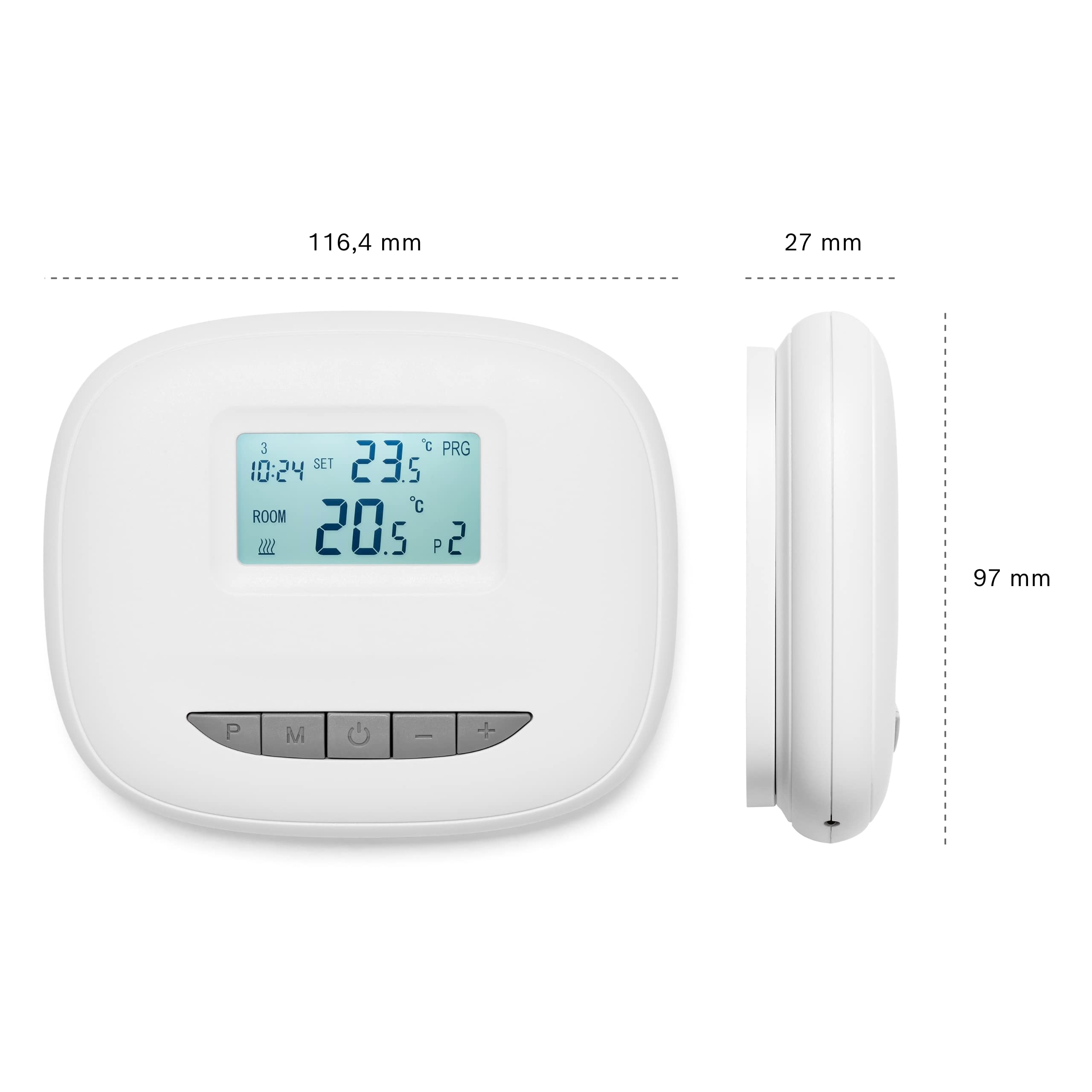 Ein weißer Thermostat mit digitaler Anzeige, der 20,5°C Raumtemperatur anzeigt.