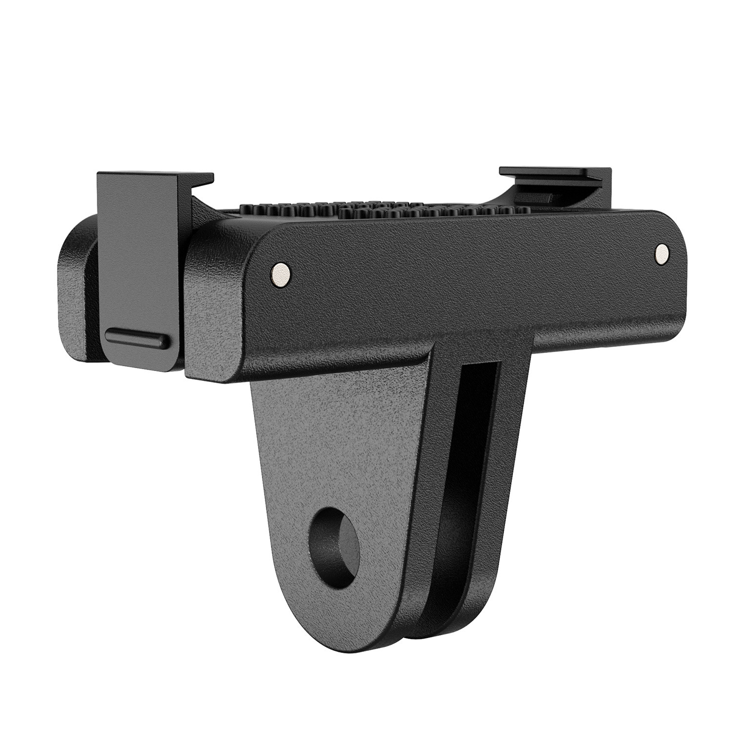 Czarny plastikowy uchwyt z uchwytem w kształcie litery U i otworem na śrubę.