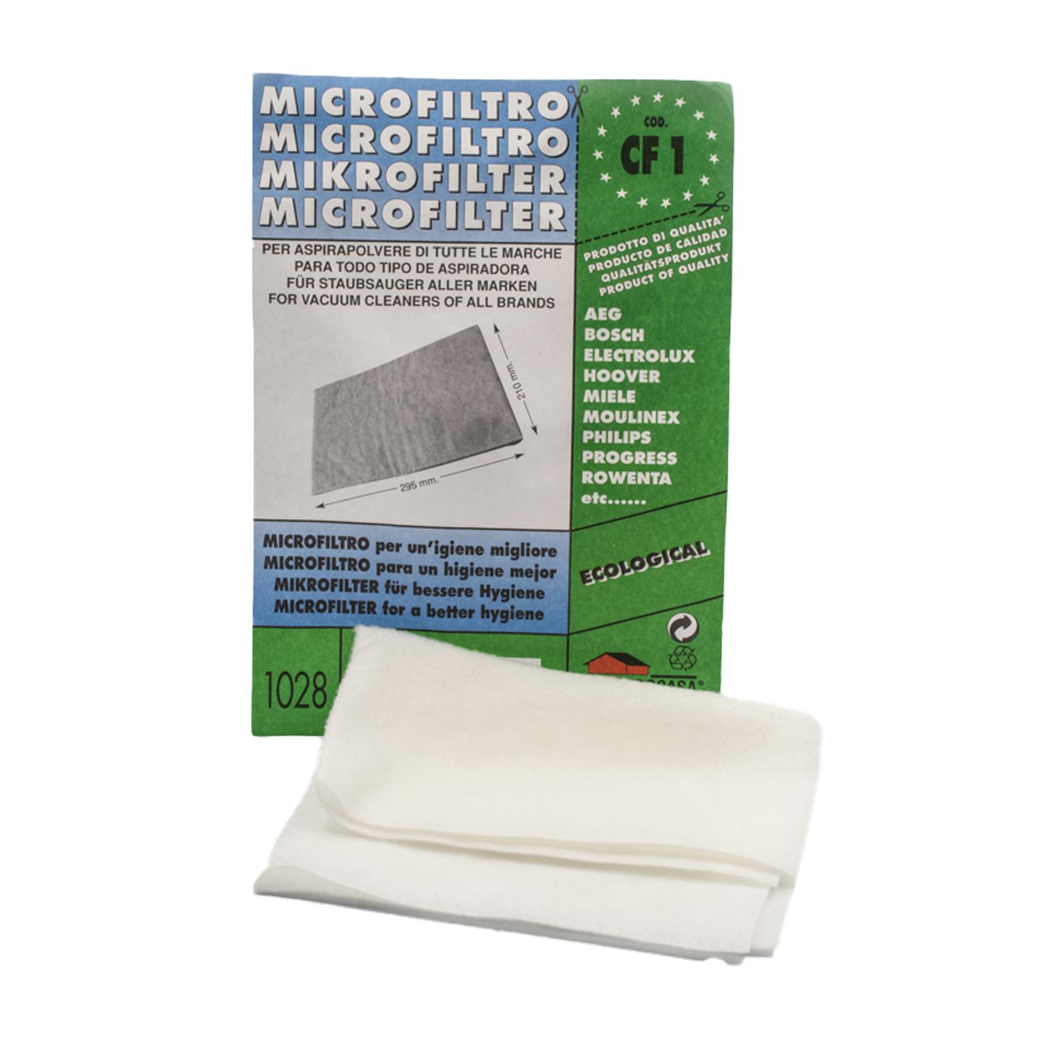 Embalaje de microfiltro mostrando marcas de aspiradoras y dimensiones.
