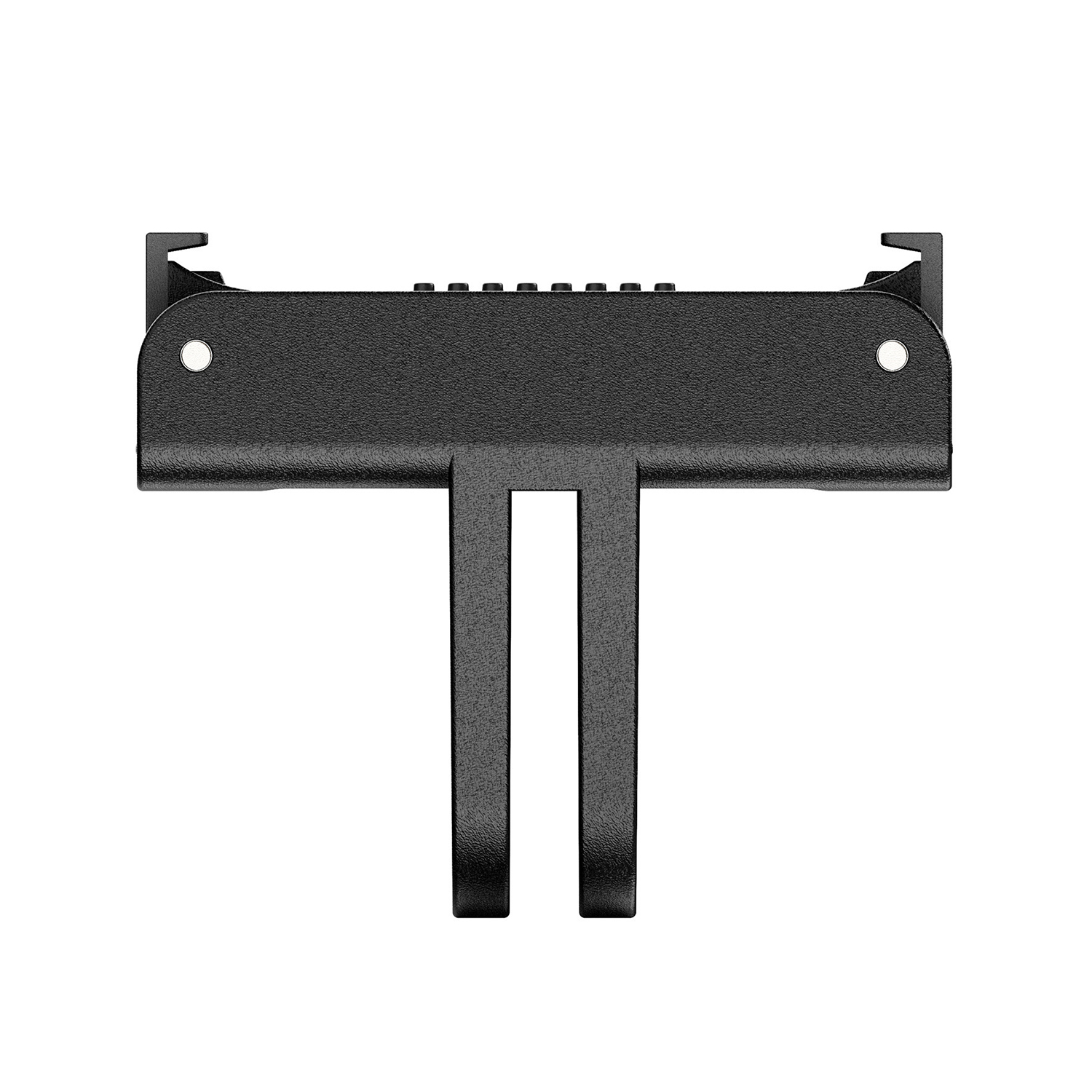 Czarny metalowy klips z dwoma zębami skierowanymi w dół, na białym tle.