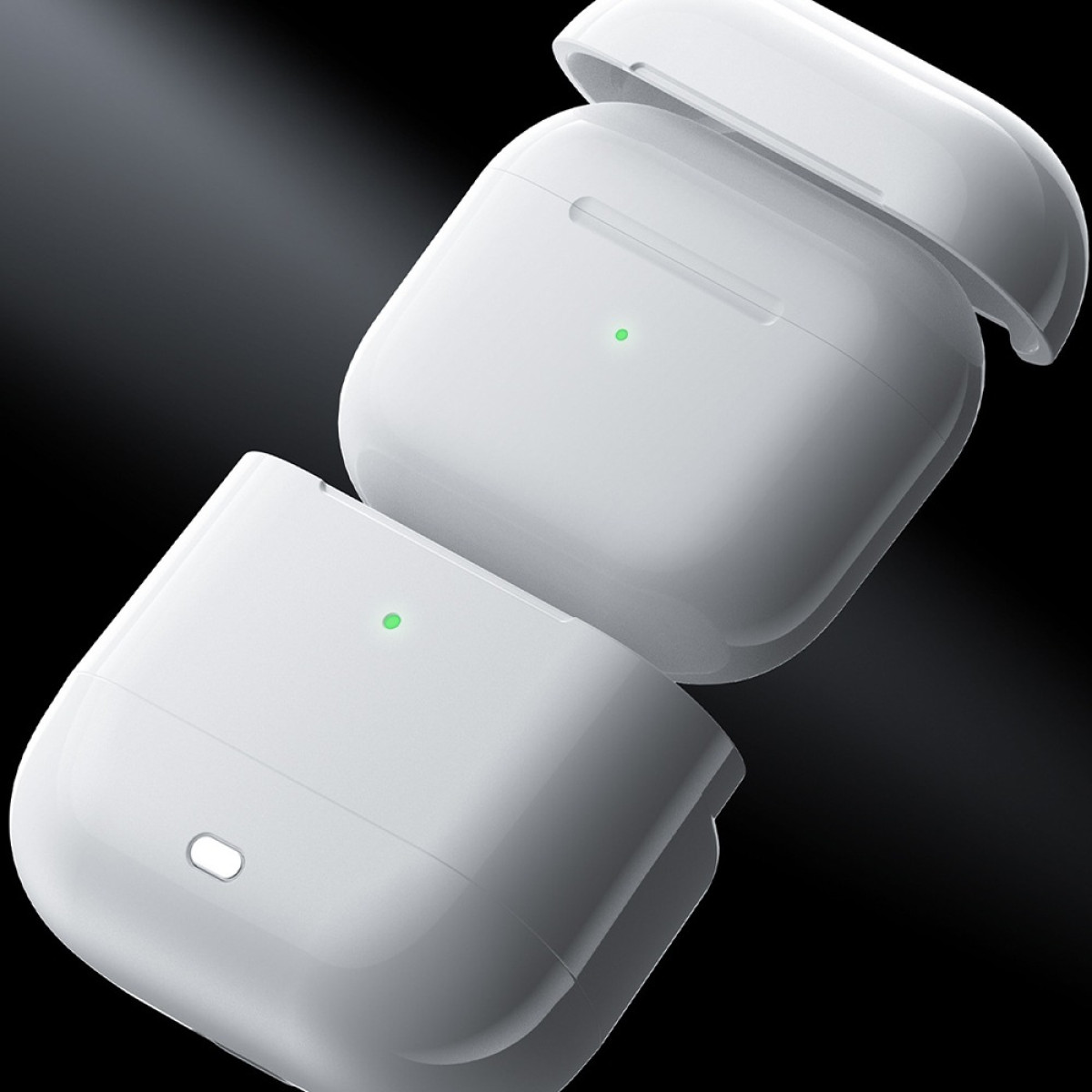 Dwa białe etui ładujące do słuchawek z zielonymi wskaźnikami, na czarnym tle.
