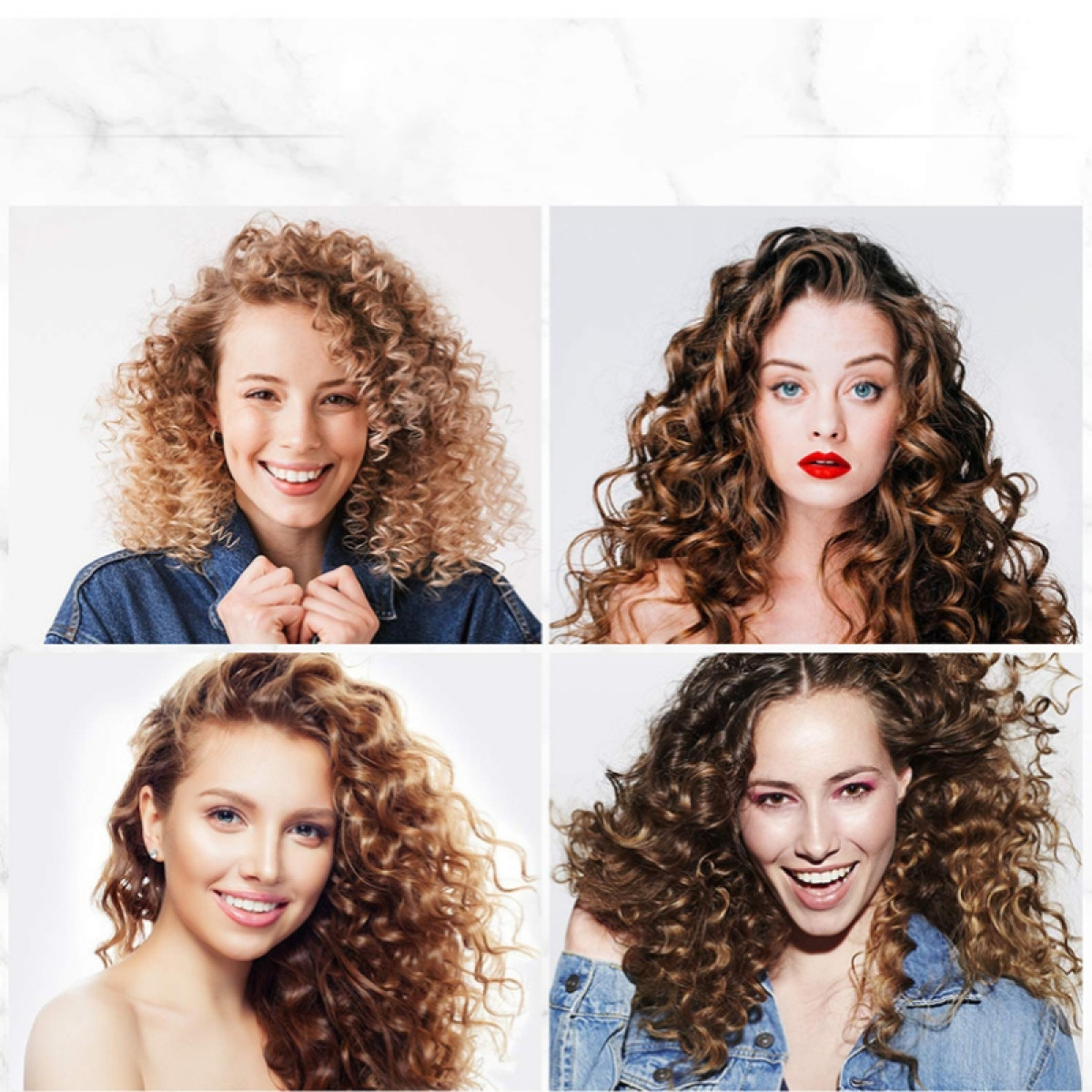 Cztery kobiety z kręconymi włosami pozują na tle marmuru.