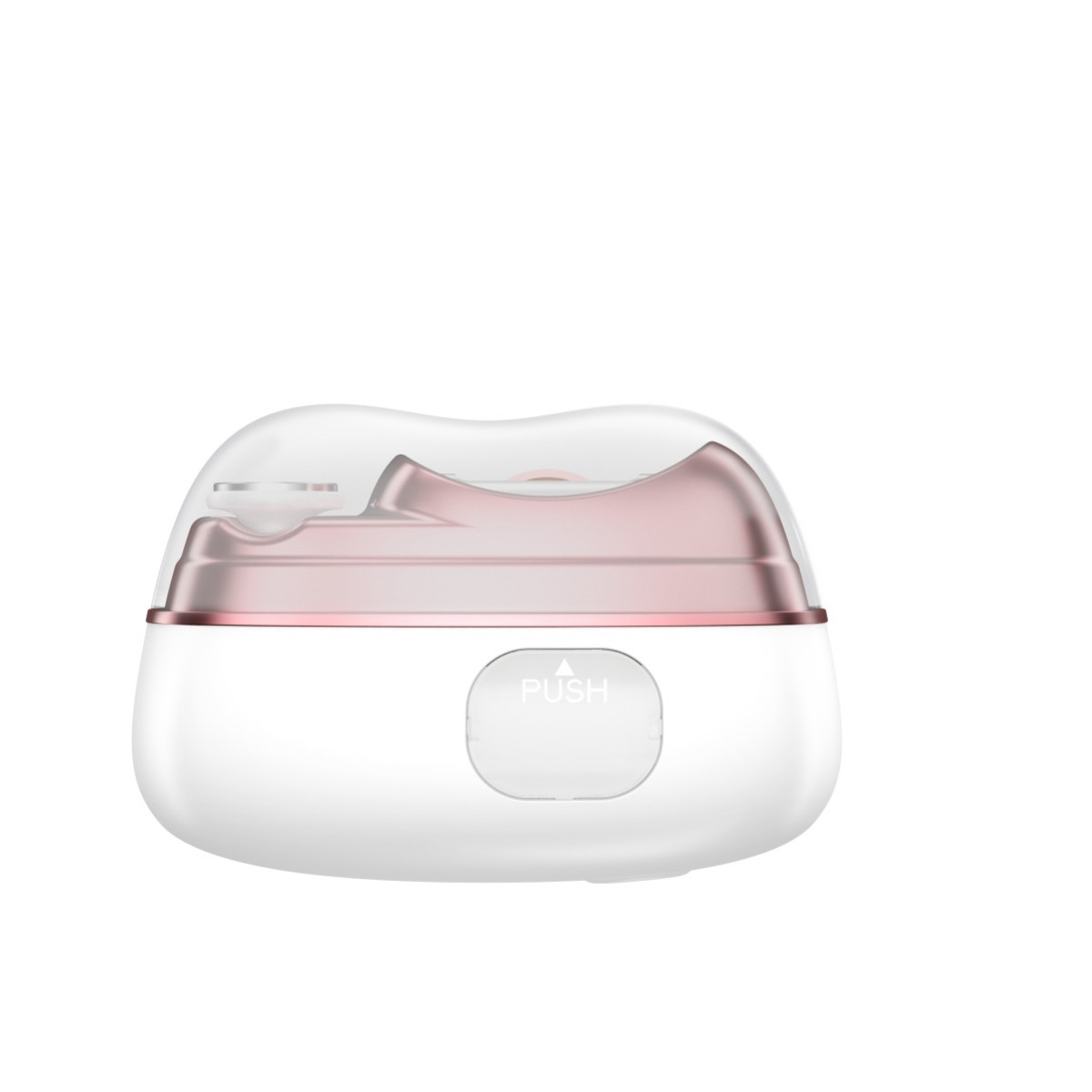 Białe i różowo-złote urządzenie kosmetyczne z przezroczystą pokrywką i przyciskiem 'PUSH'.