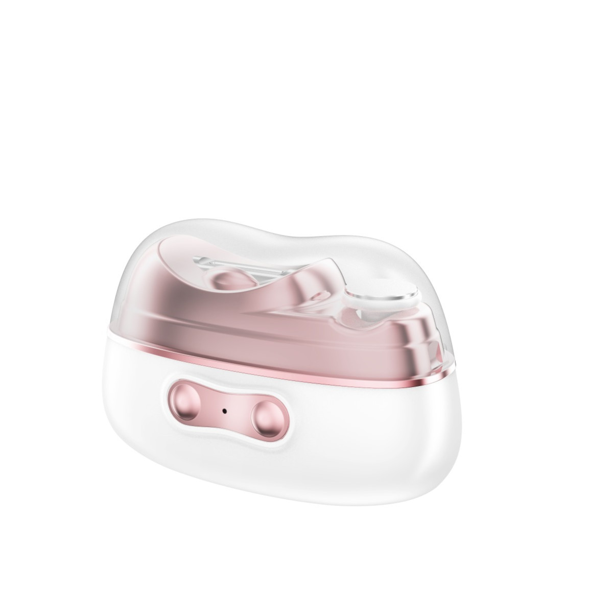 Biała i różowo-złota parownica do twarzy z przezroczystą pokrywką. Z przodu ma dwa przyciski.