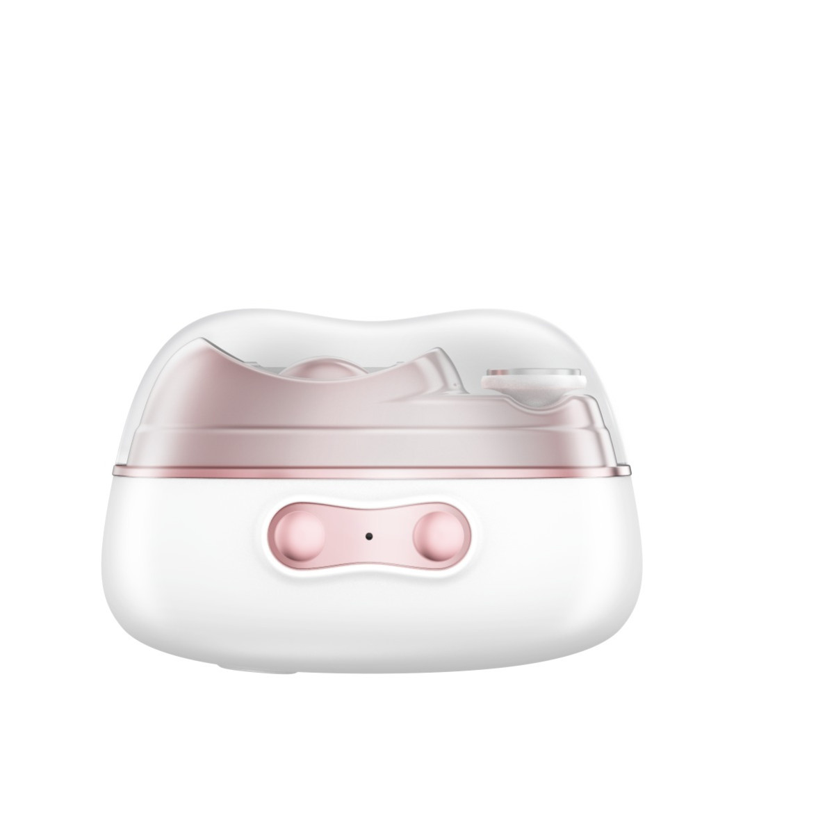 Biały podgrzewacz do butelek z różowo-złotą obręczą i przezroczystą pokrywą.