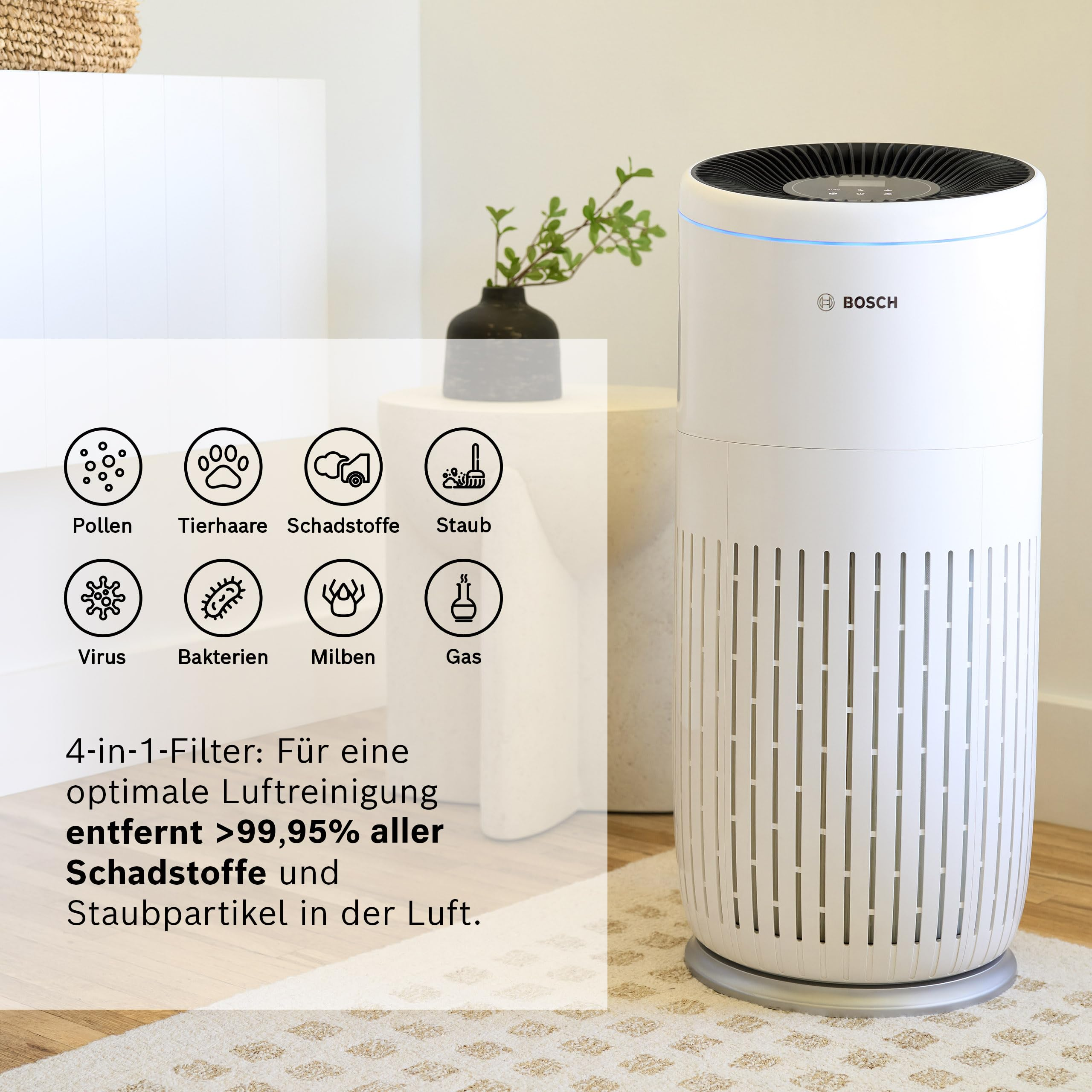 Bosch Luftreiniger mit Symbolen für Pollen, Tierhaare, Schadstoffe, Staub, Viren, Bakterien, Milben, Gas.