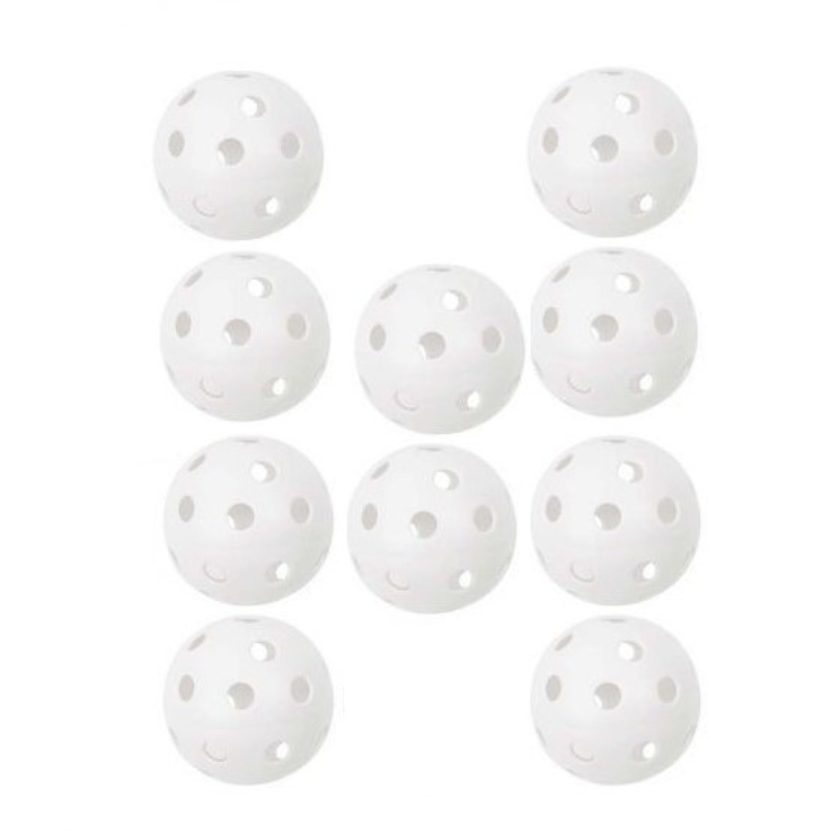 Dziesięć białych, pustych, perforowanych piłek ułożonych w trzech rzędach na białym tle.