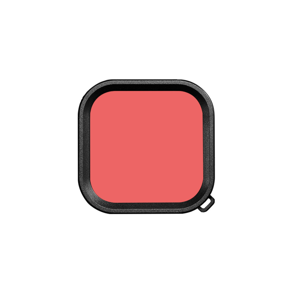 Kwadratowy filtr koralowy czerwony z czarną ramką i małą pętelką w prawym dolnym rogu.